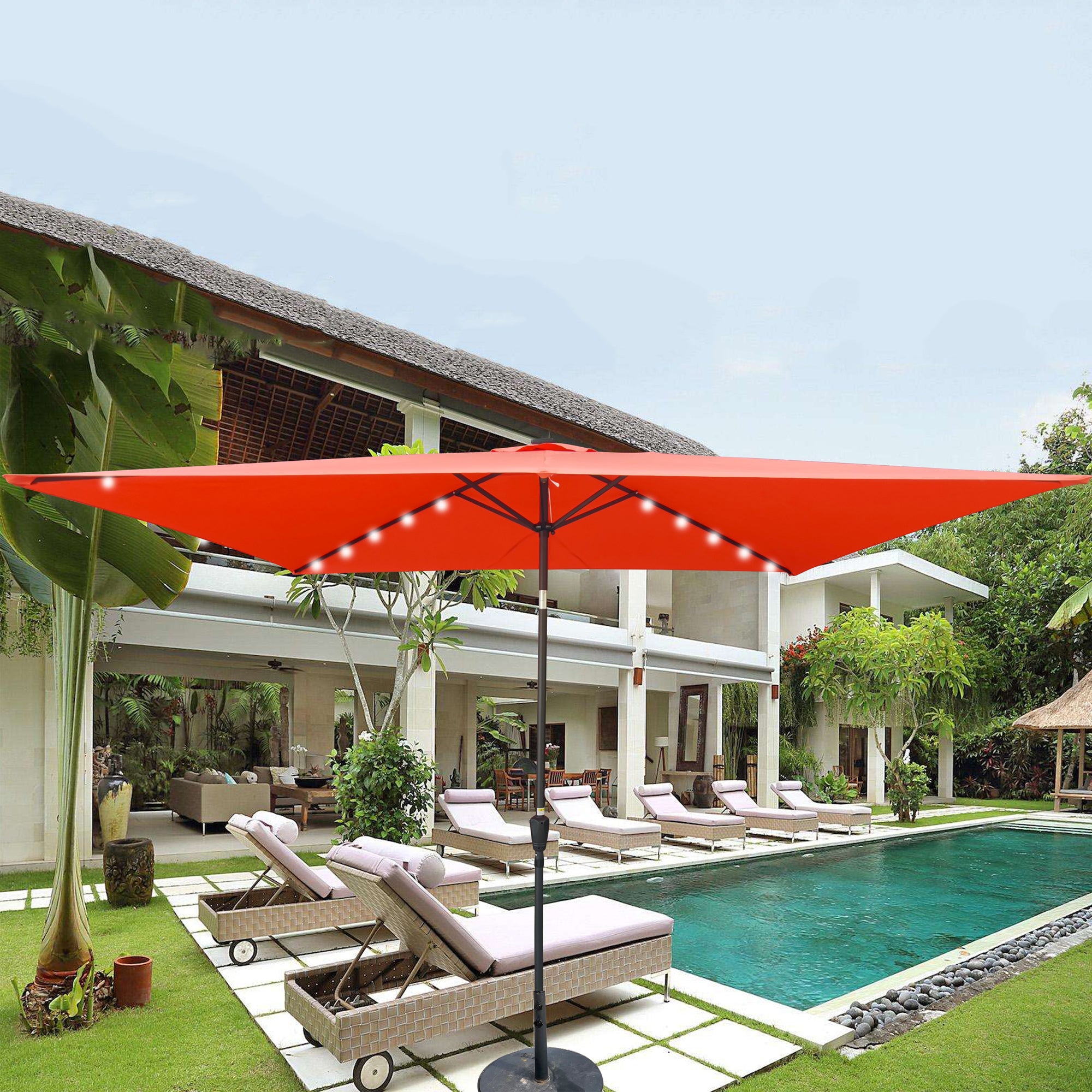 10' X 6.5' Powder-coated steel Patio Umbrella Outdoor Market LED Lights with Crank and Button Tilt