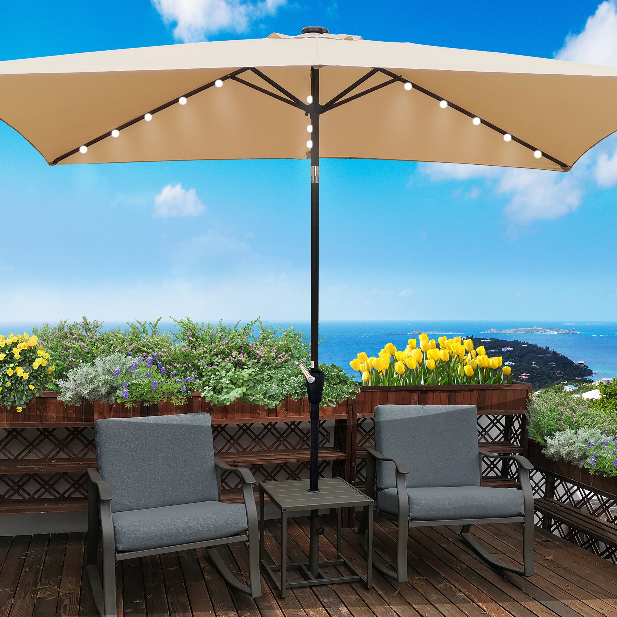 10' X 6.5' Powder-coated steel Patio Umbrella Outdoor Market LED Lights with Crank and Button Tilt