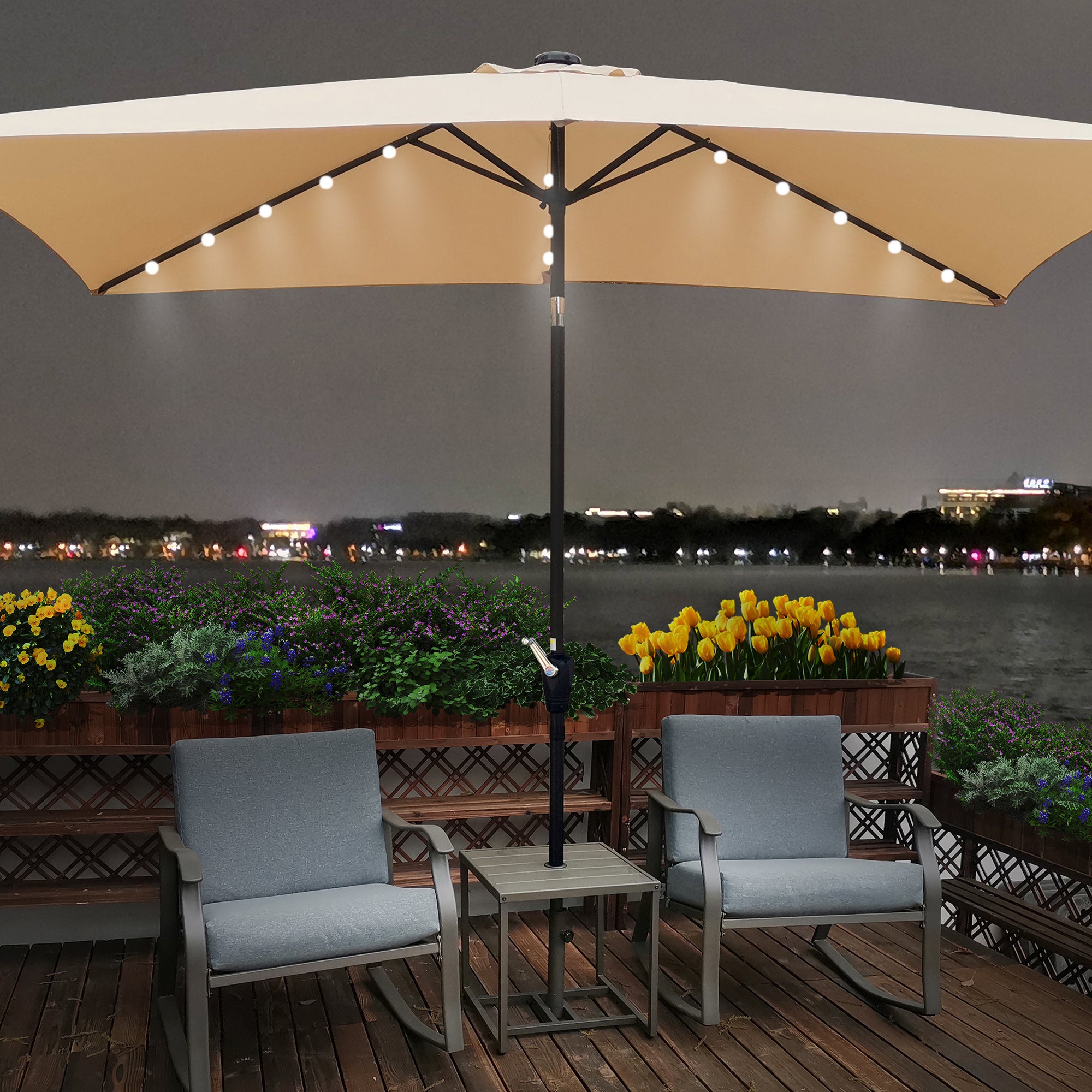 10' X 6.5' Powder-coated steel Patio Umbrella Outdoor Market LED Lights with Crank and Button Tilt