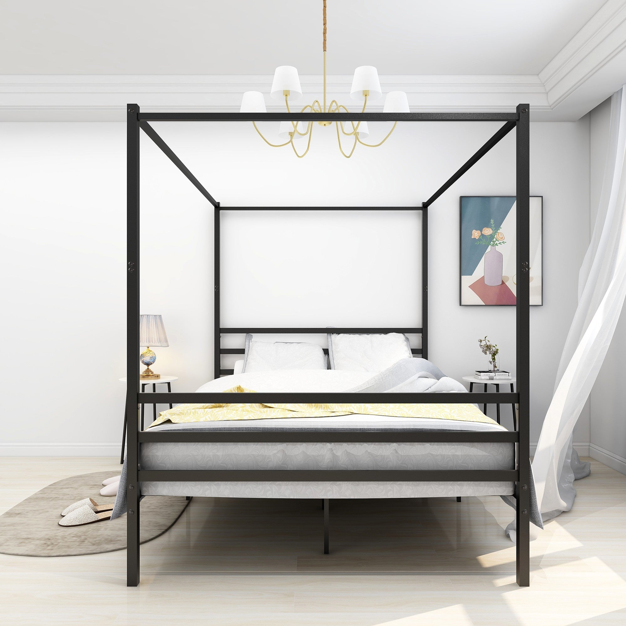 Queen/Full/Twin Metal Frame Canopy Platform Bed with Headboard