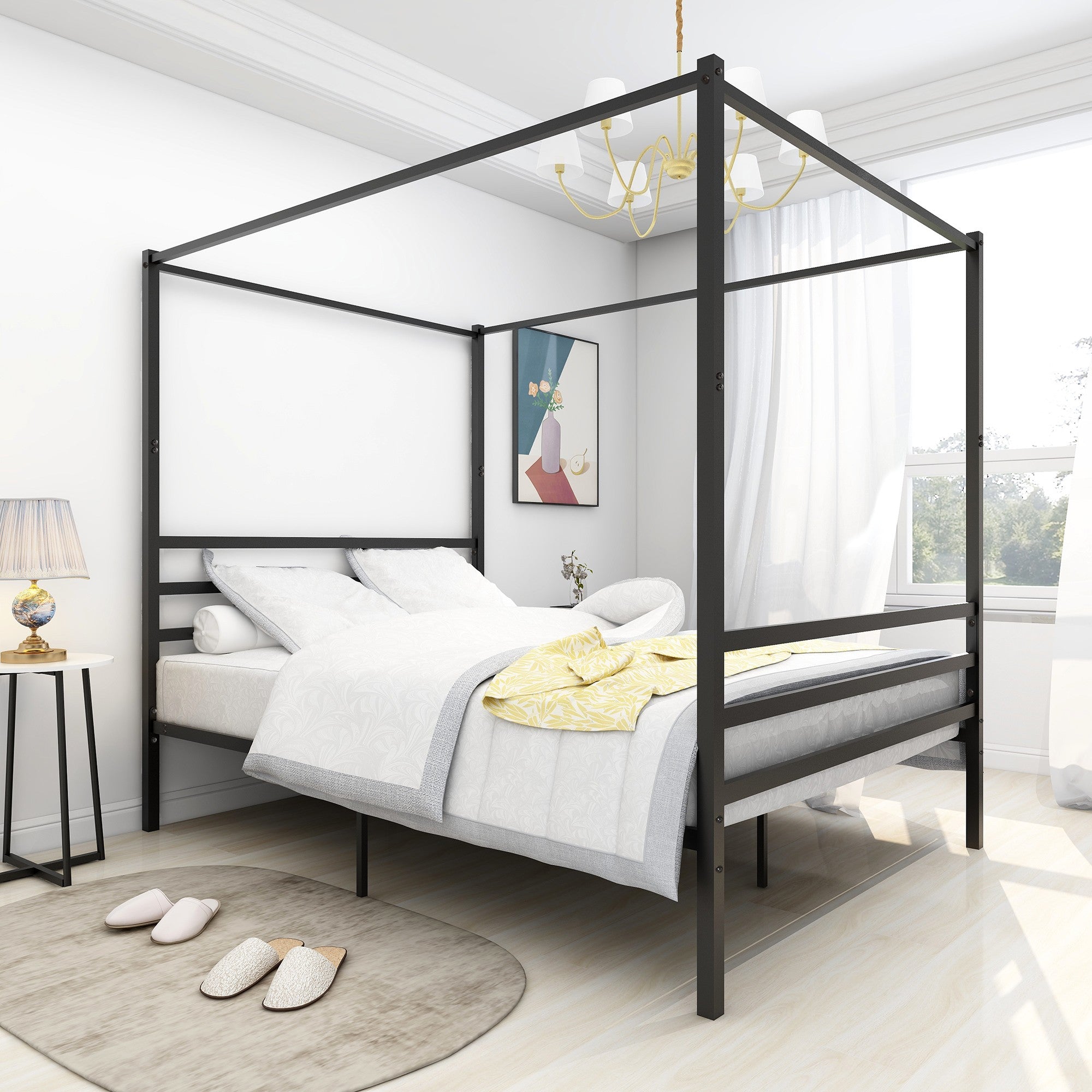 Queen/Full/Twin Metal Frame Canopy Platform Bed with Headboard