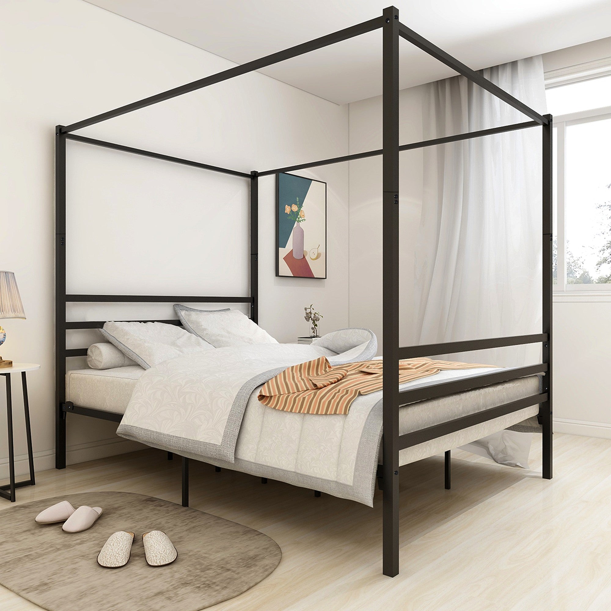 Queen/Full/Twin Metal Frame Canopy Platform Bed with Headboard