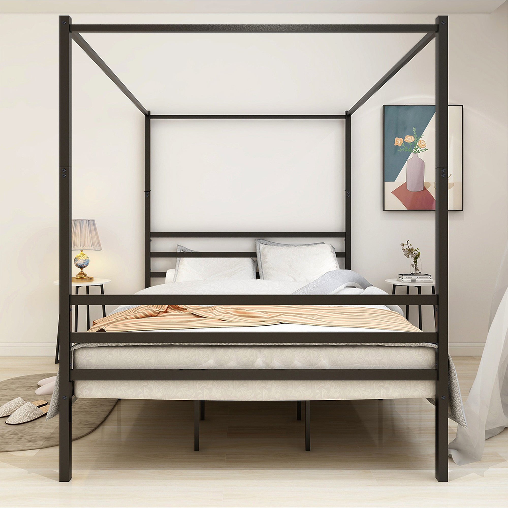 Queen/Full/Twin Metal Frame Canopy Platform Bed with Headboard