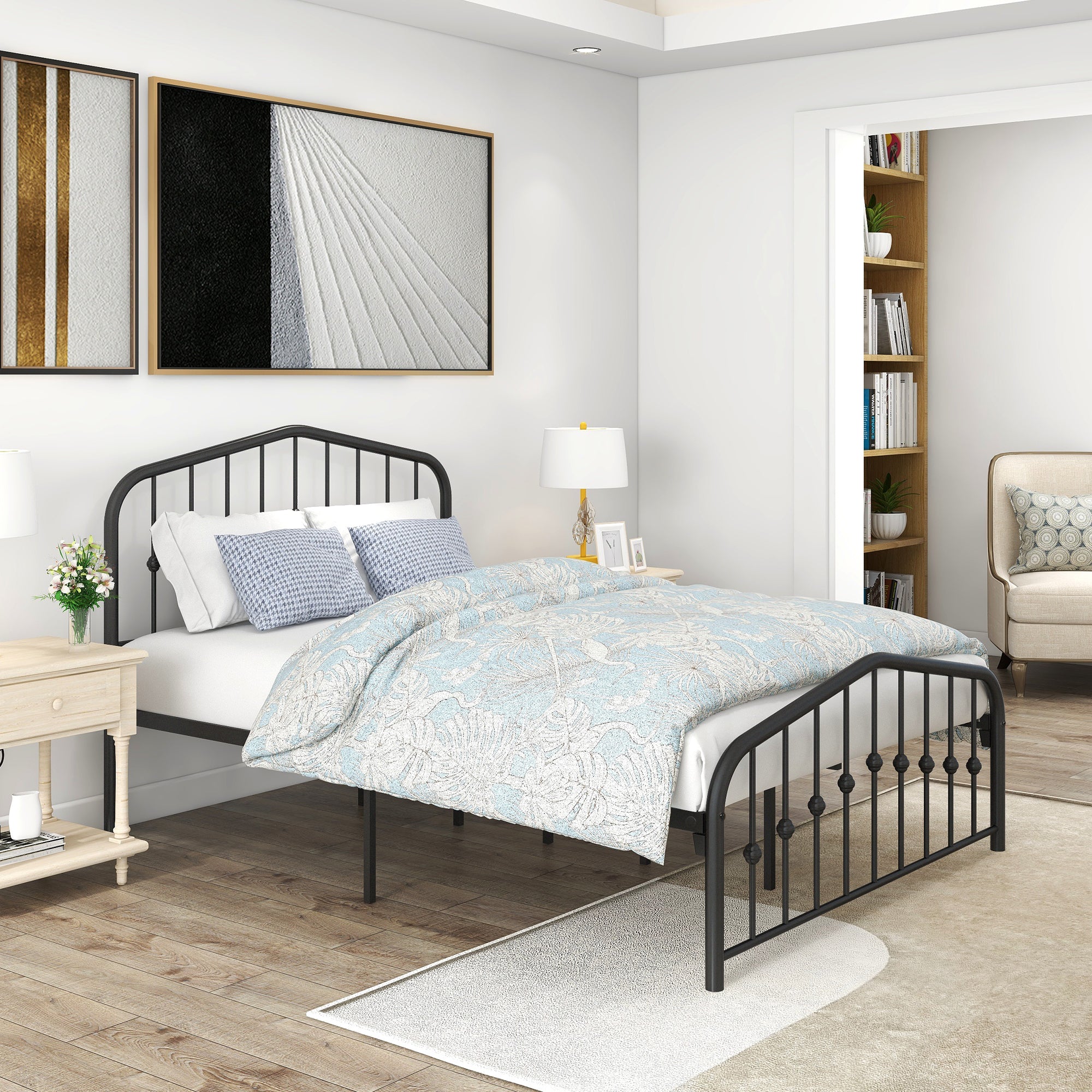 Queen/Full Metal Frame Platform Bed with Headboard and Footboard