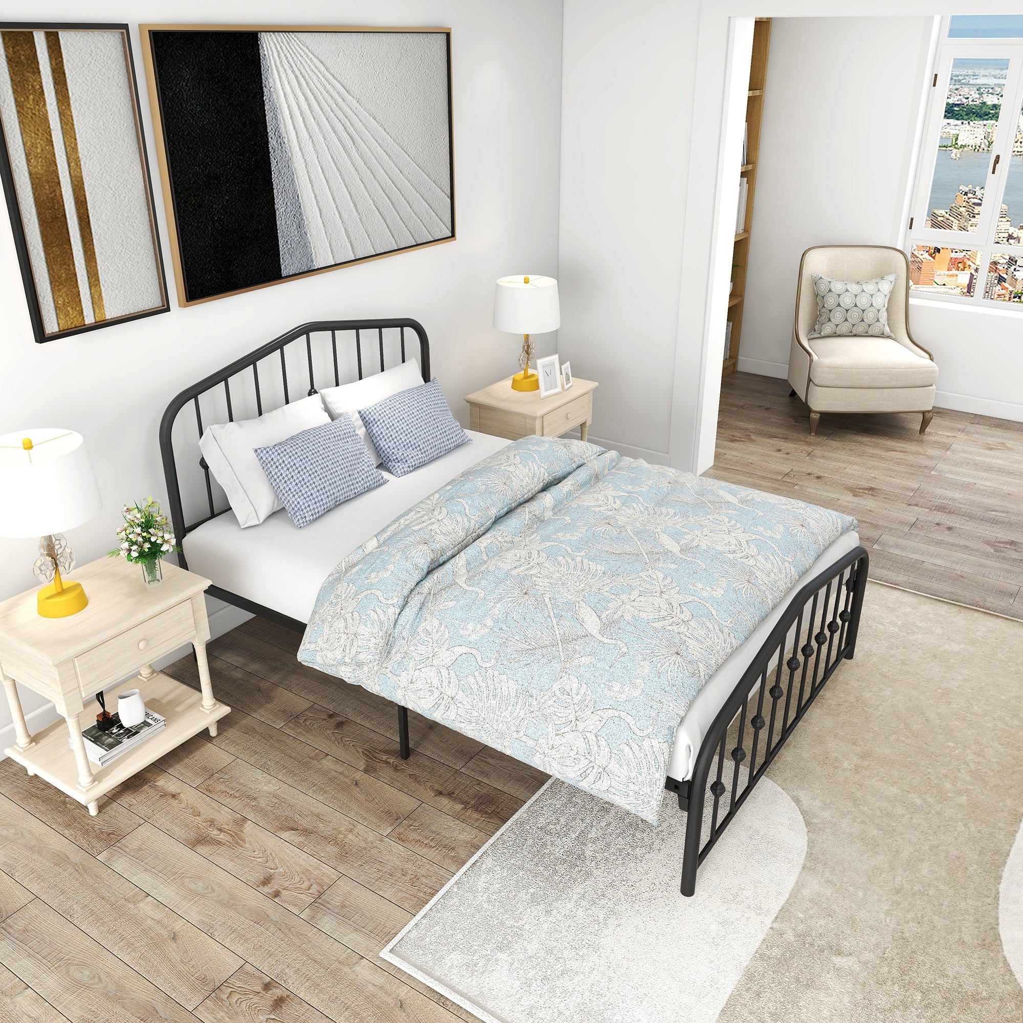 Queen/Full Metal Frame Platform Bed with Headboard and Footboard