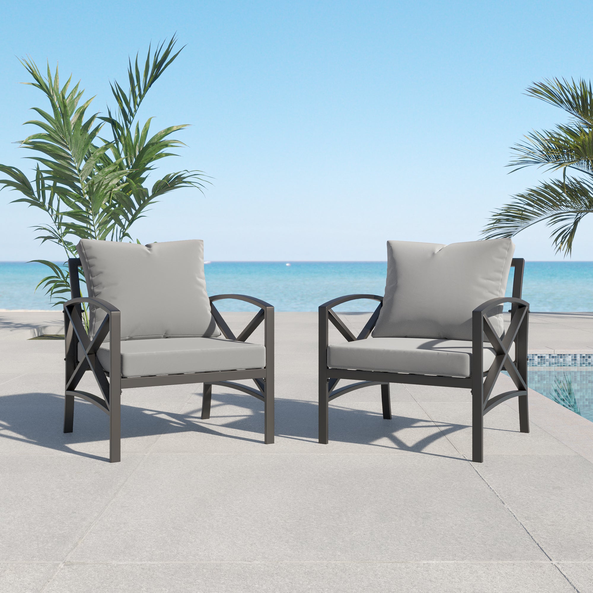 2 pieces Outdoor Patio Metal Armchair Seat with Cushions