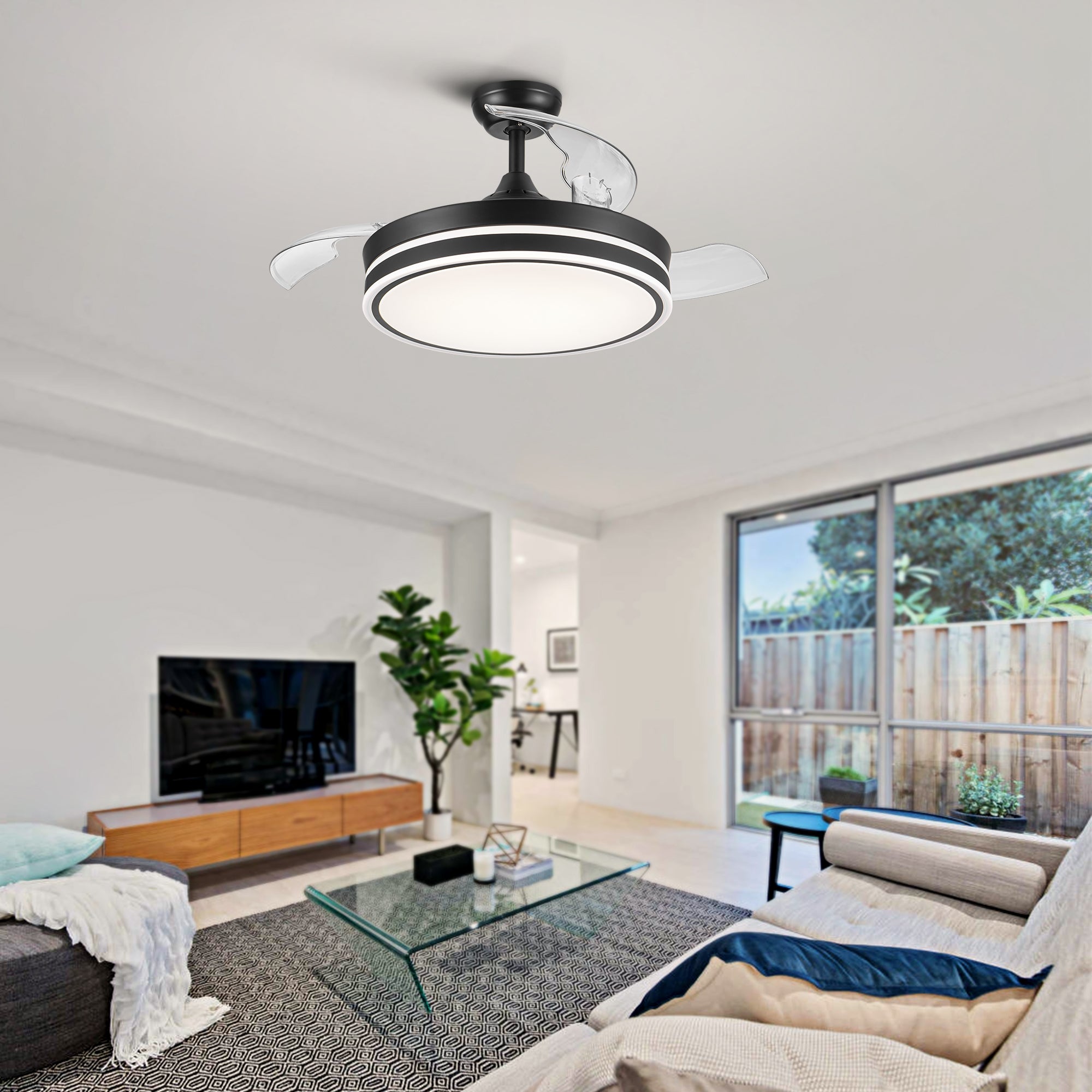 42" Black Frame Retractable Ceiling Fan Light with Remote Control