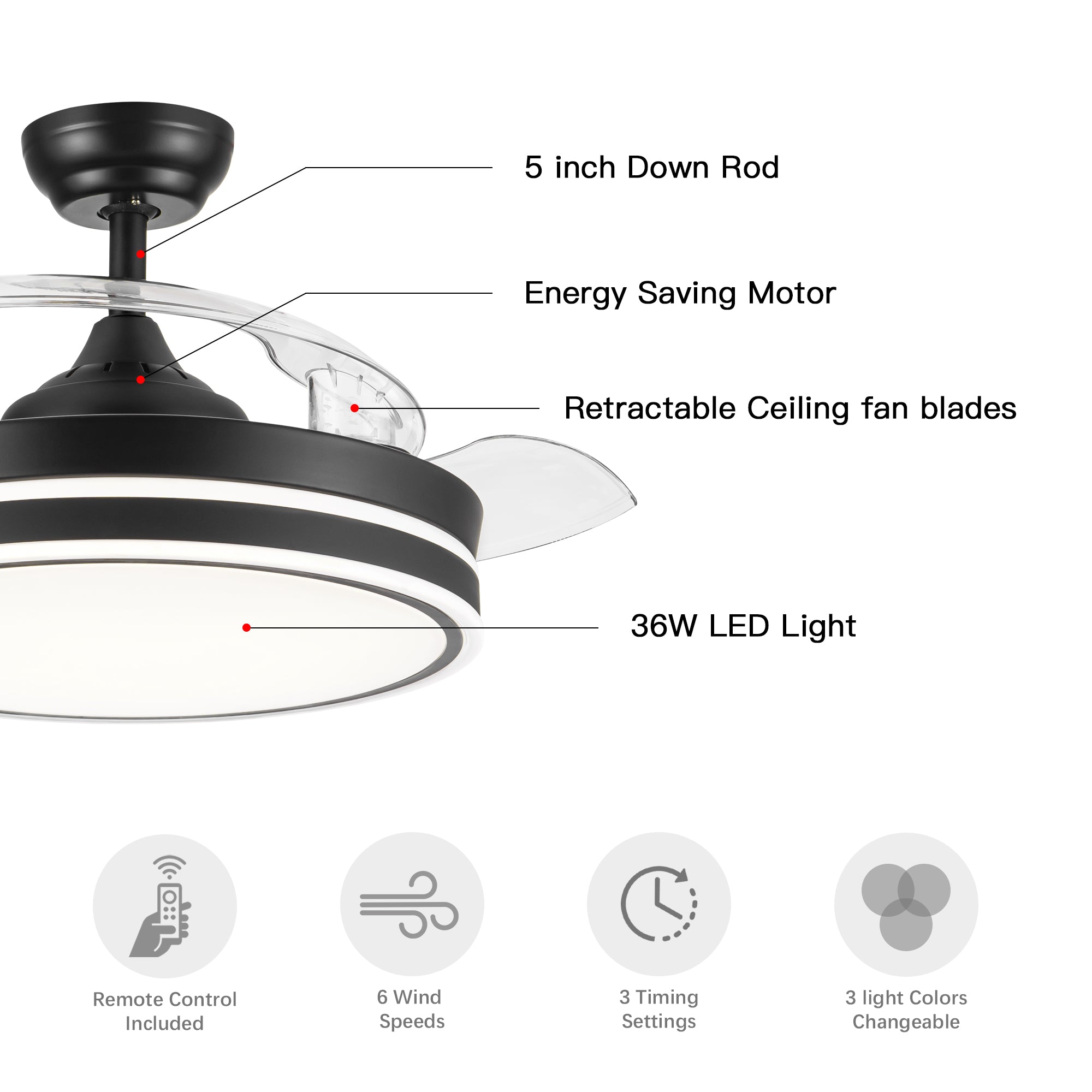 42" Black Frame Retractable Ceiling Fan Light with Remote Control