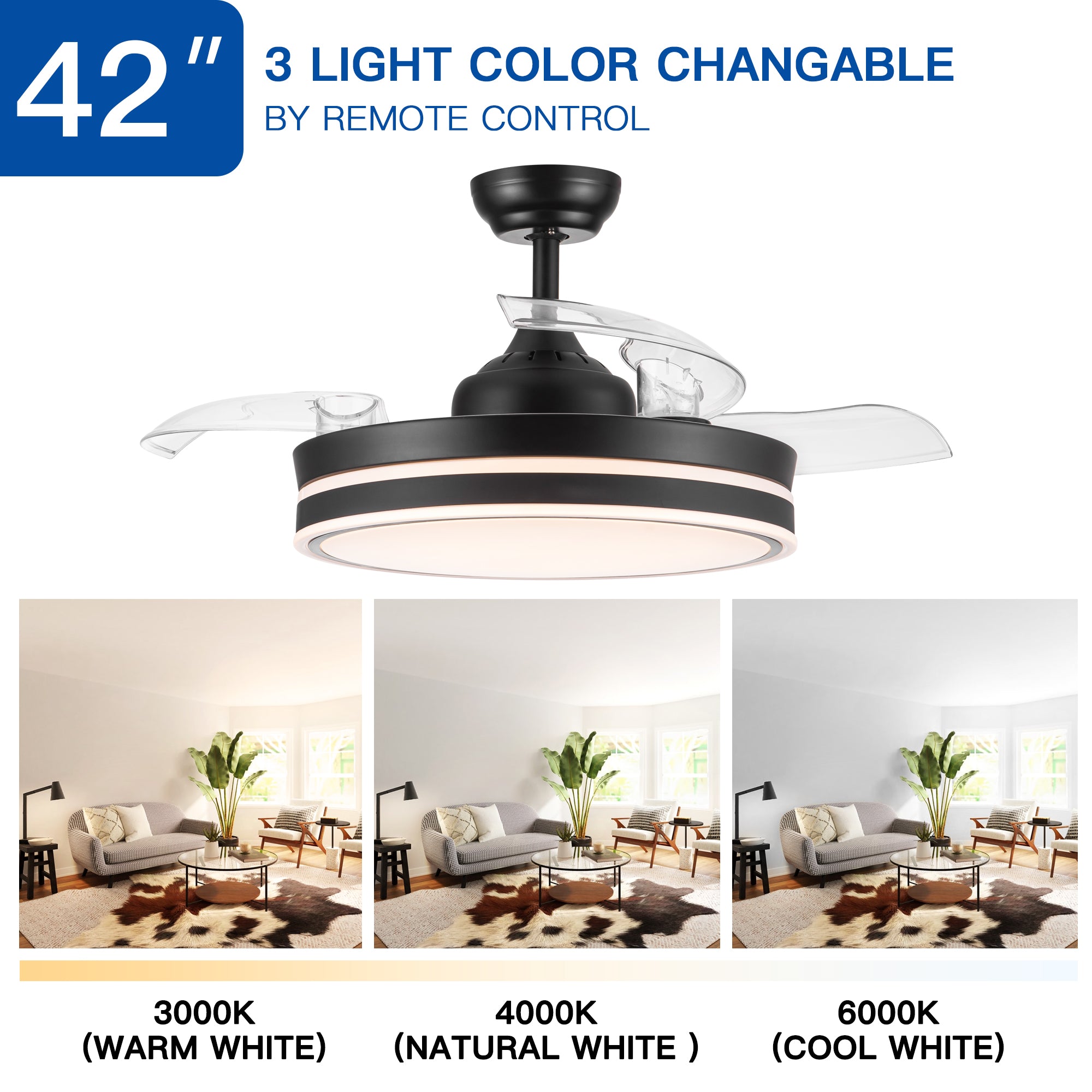 42" Black Frame Retractable Ceiling Fan Light with Remote Control