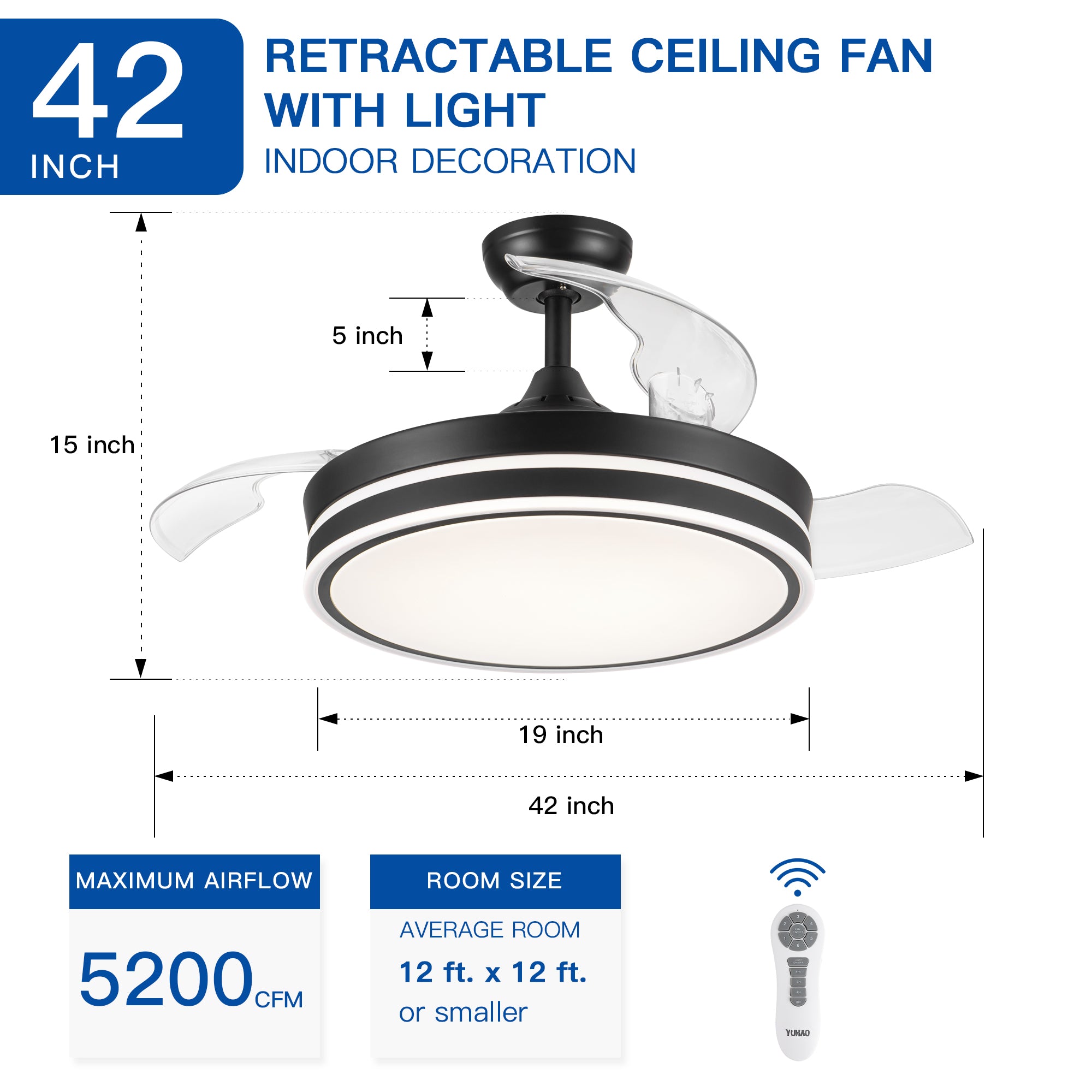 42" Black Frame Retractable Ceiling Fan Light with Remote Control