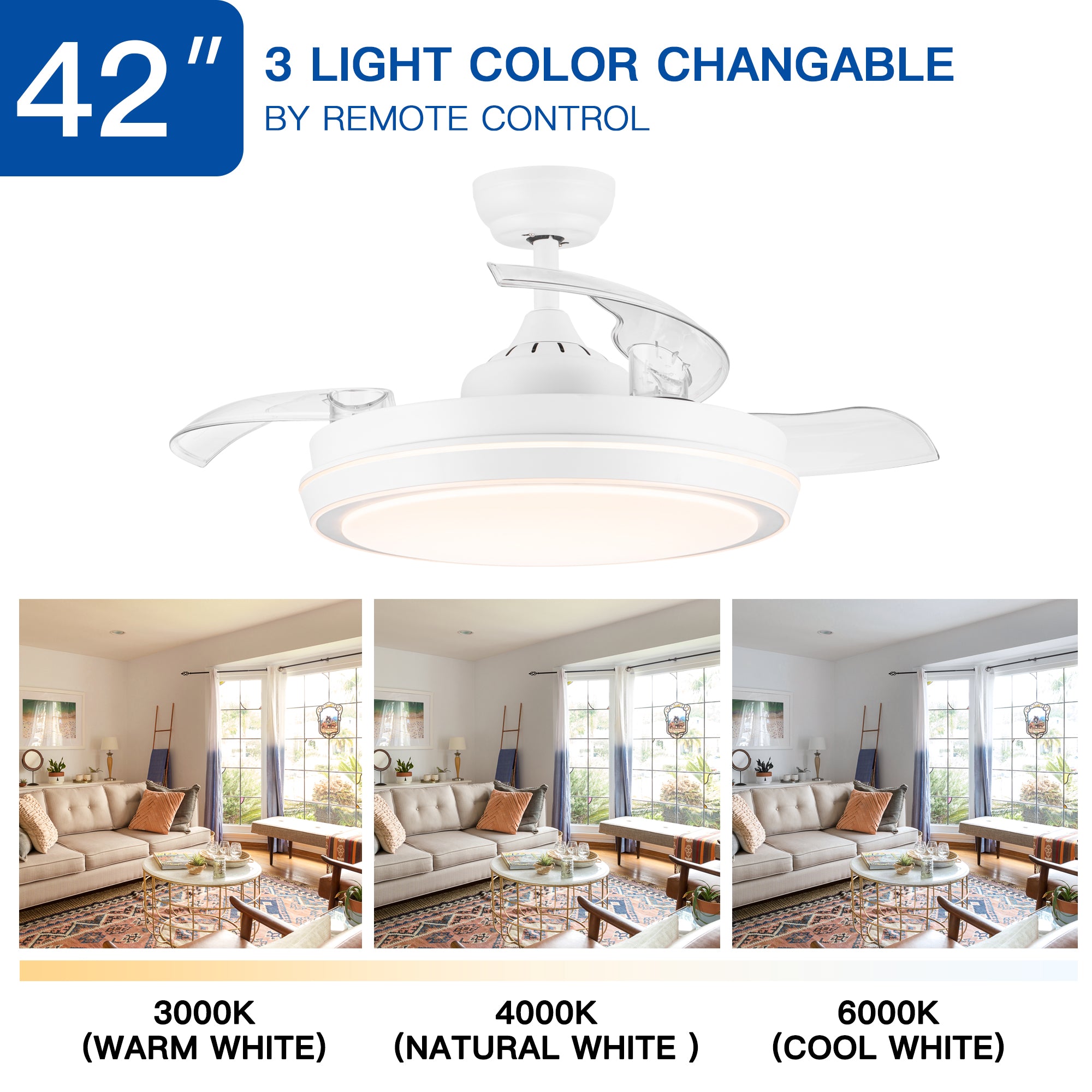42" White Frame Retractable Ceiling Fan Light with Remote Control