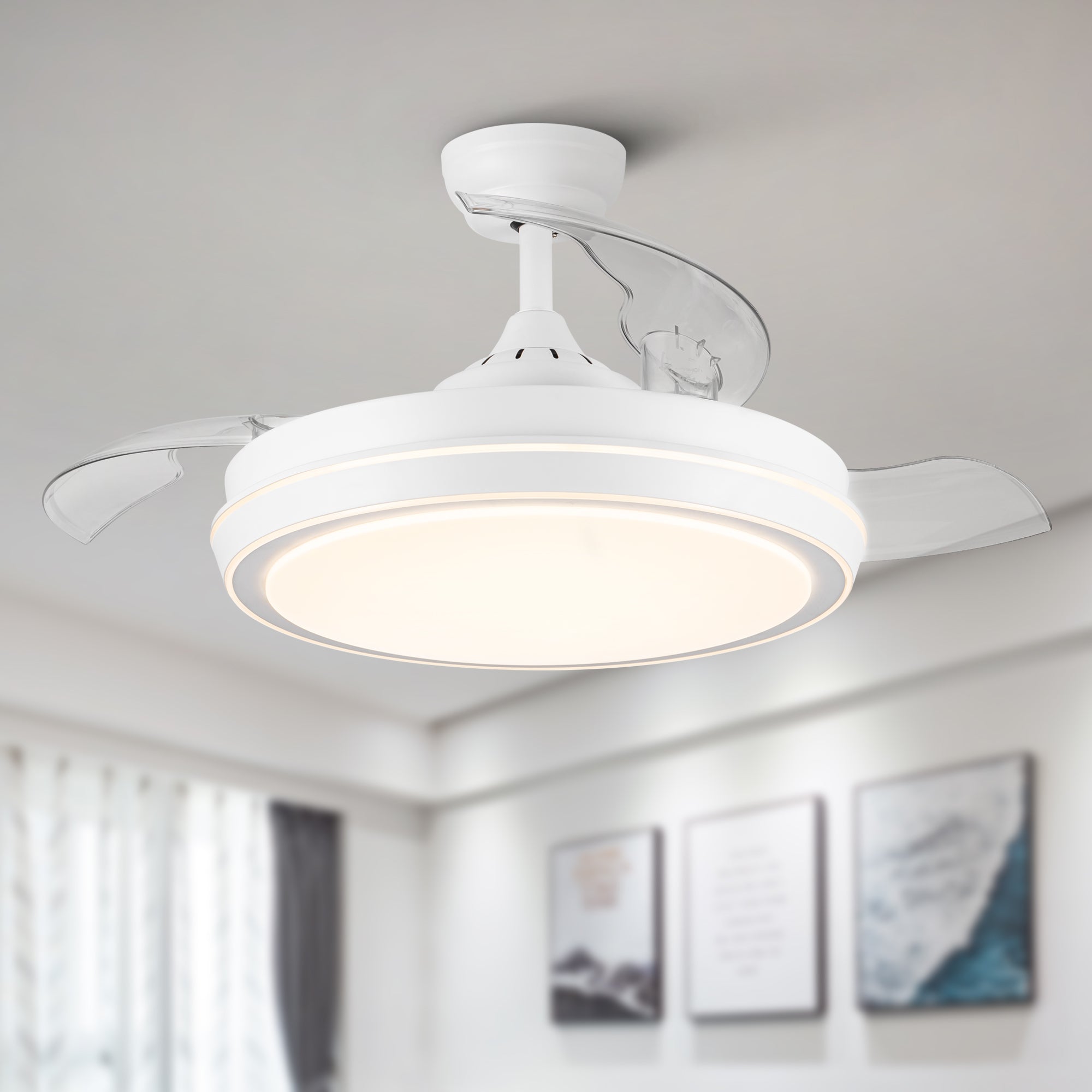 42" White Frame Retractable Ceiling Fan Light with Remote Control