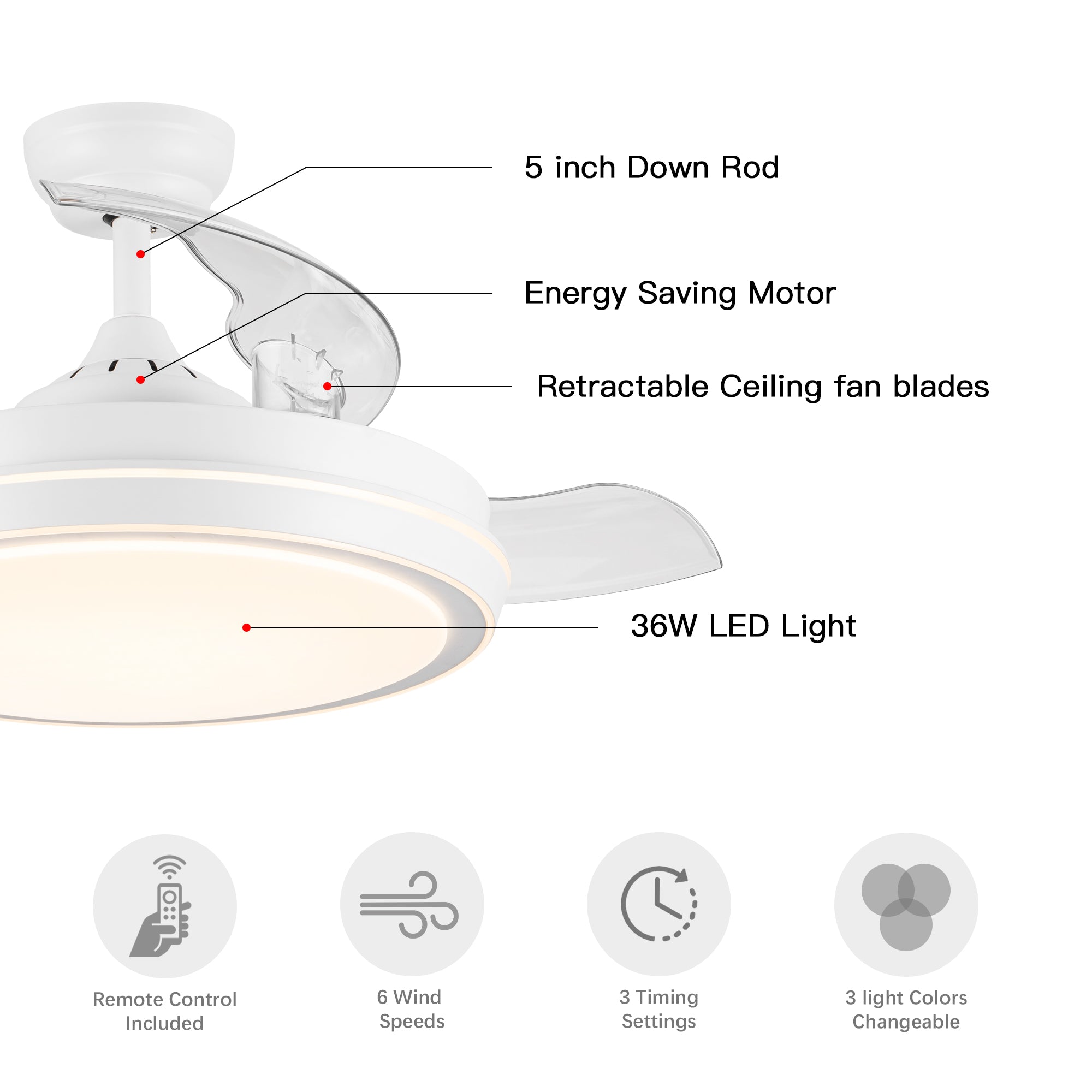 42" White Frame Retractable Ceiling Fan Light with Remote Control