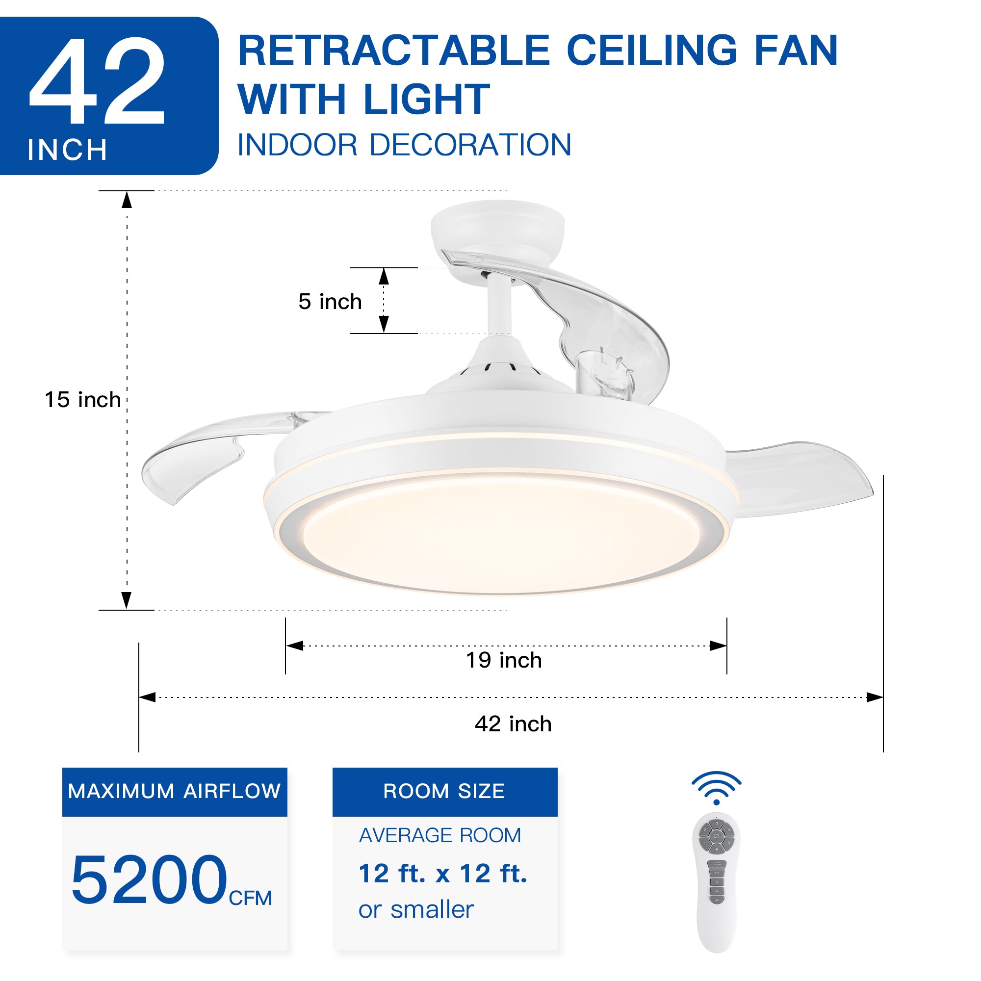 42" White Frame Retractable Ceiling Fan Light with Remote Control