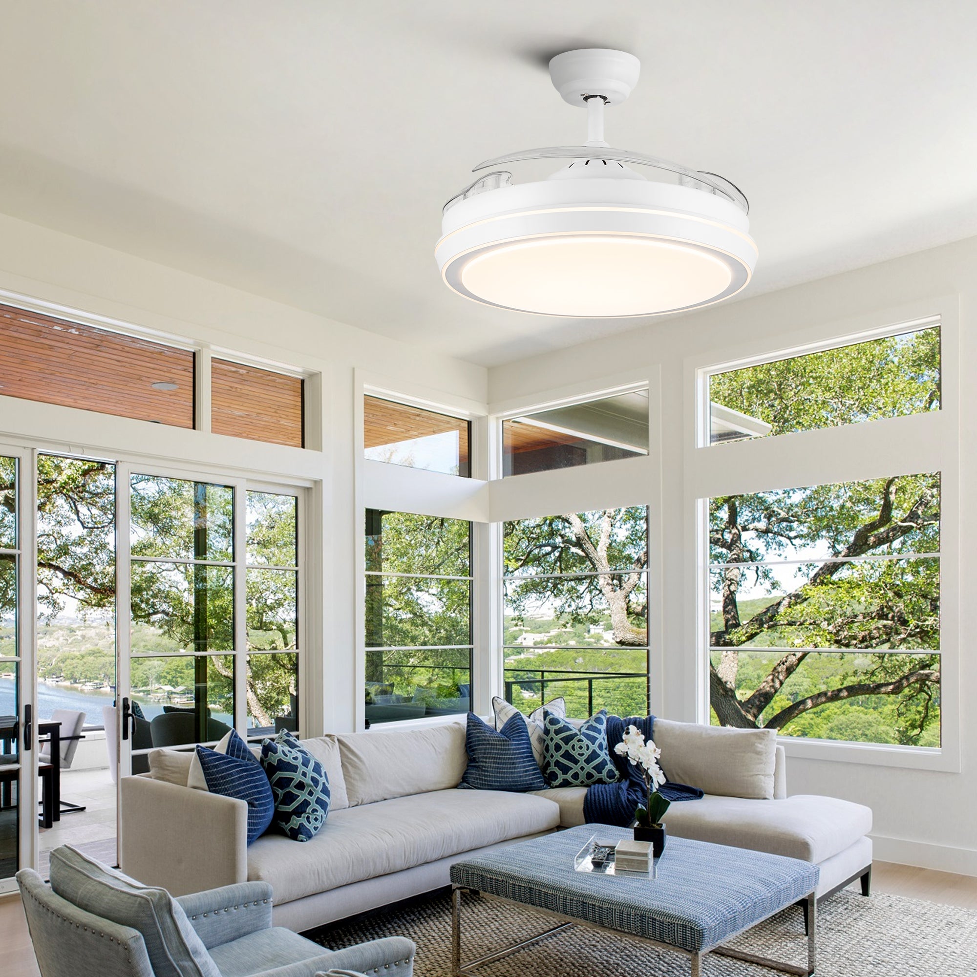 42" White Frame Retractable Ceiling Fan Light with Remote Control