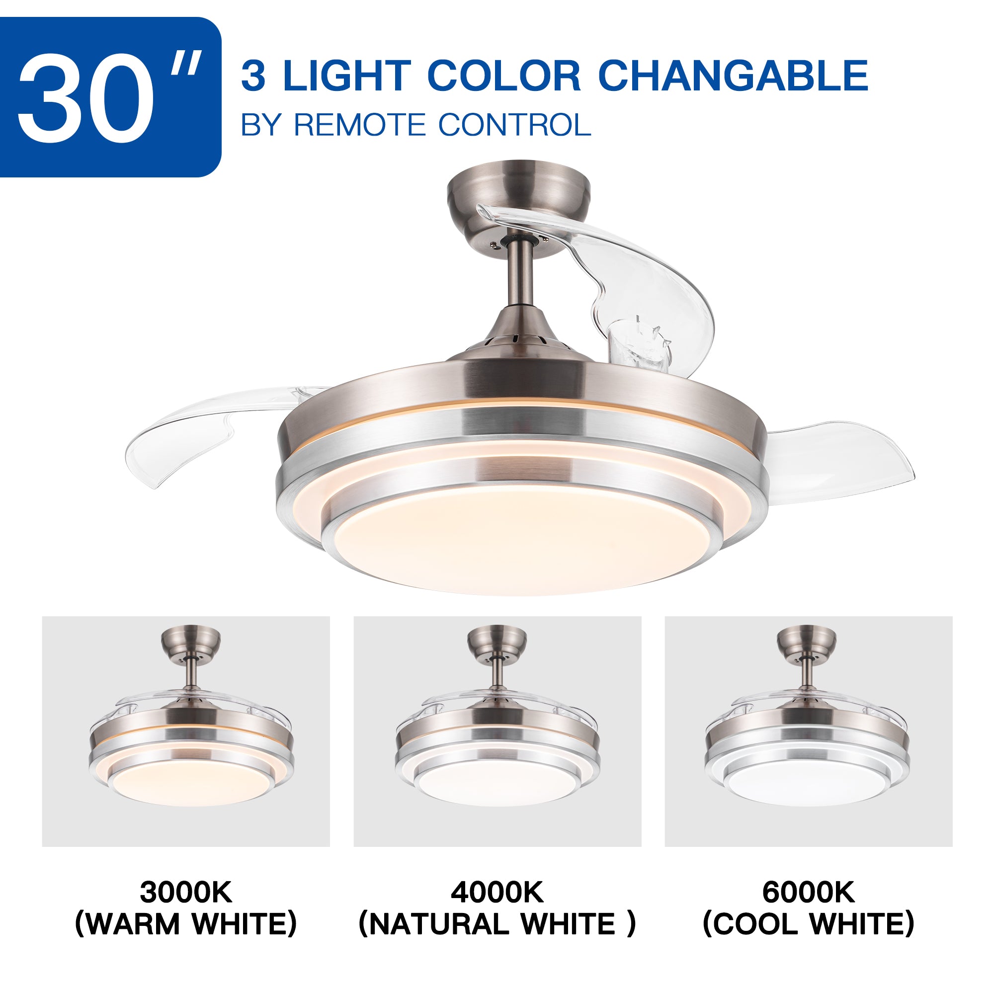 42" Retractable Ceiling Fan Light with Remote Control