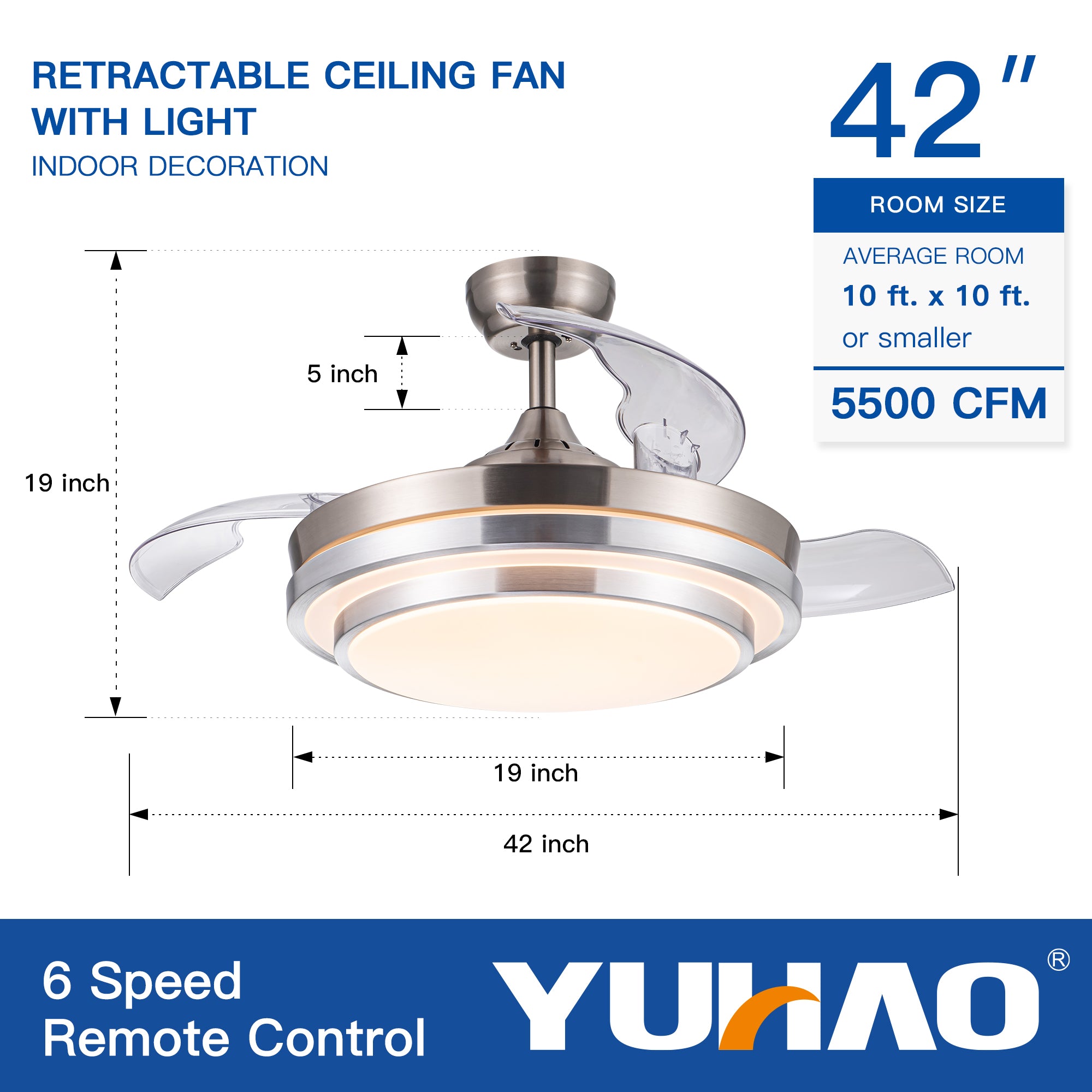 42" Retractable Ceiling Fan Light with Remote Control