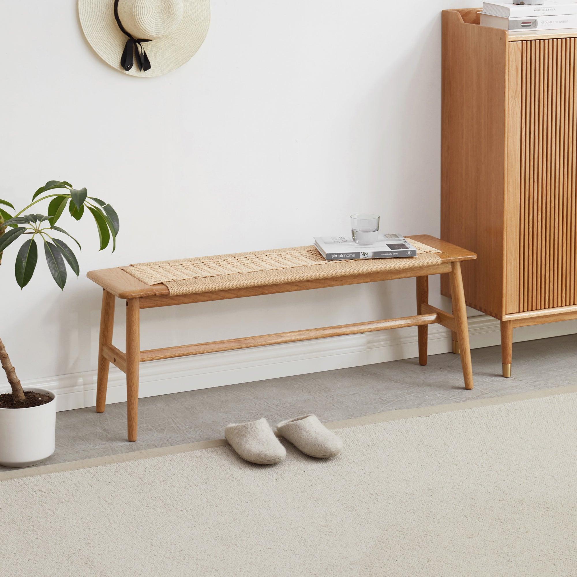 Woven Design Wood Dining Bench in Natural Oak for Dining Room, Bedroom