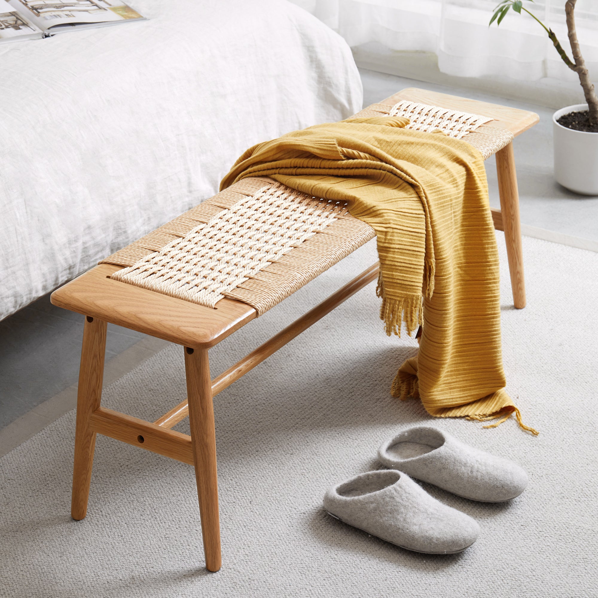 Woven Design Wood Dining Bench in Natural Oak for Dining Room, Bedroom