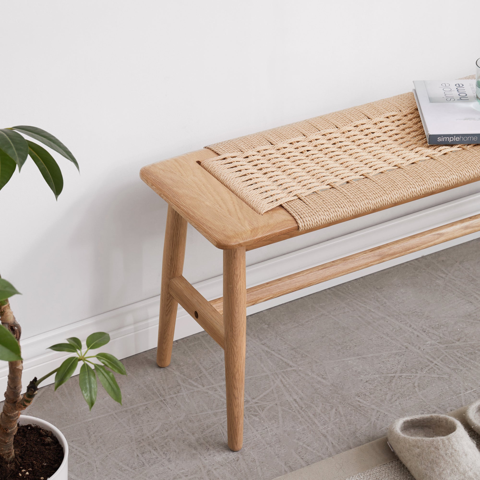 Woven Design Wood Dining Bench in Natural Oak for Dining Room, Bedroom