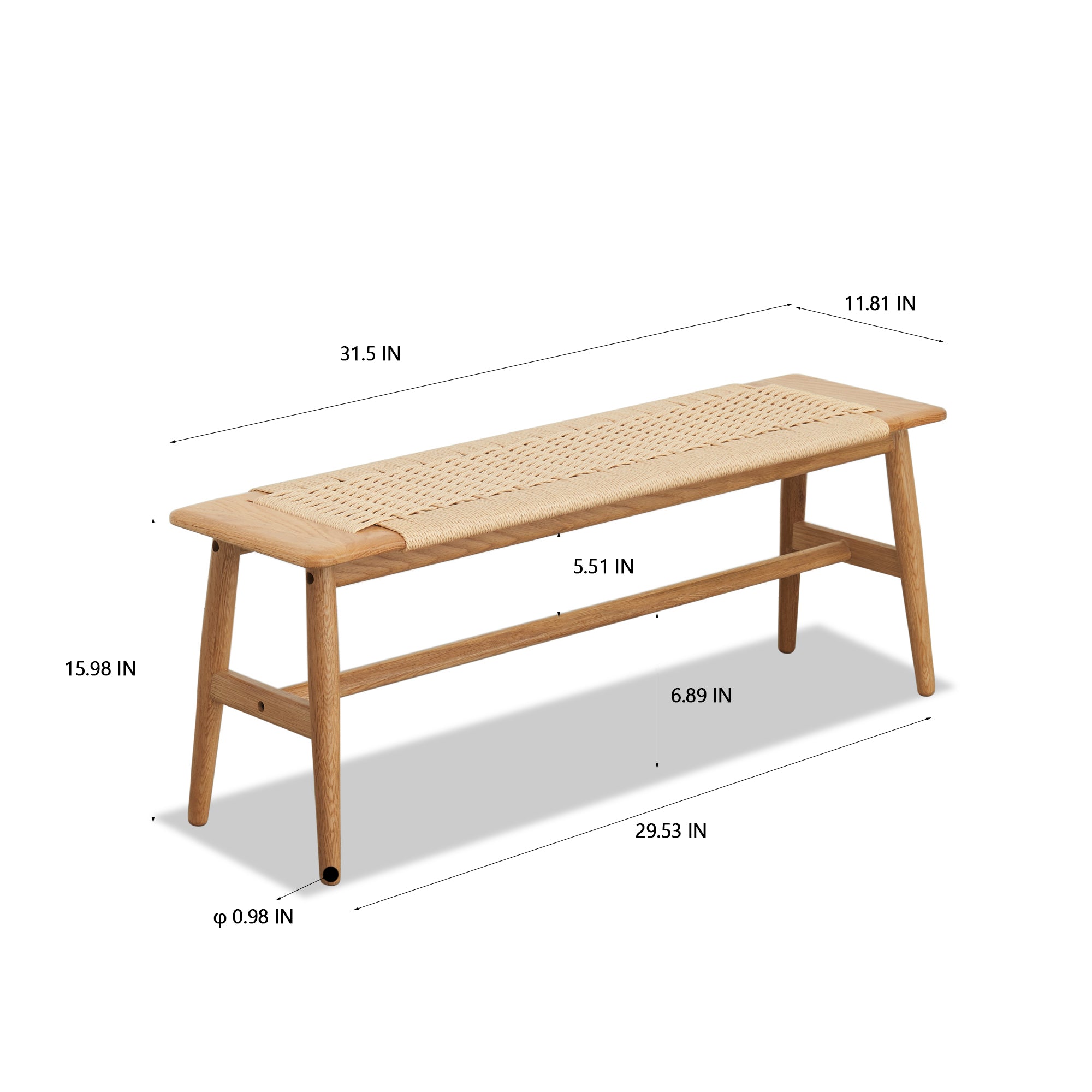 Woven Design Wood Dining Bench in Natural Oak for Dining Room, Bedroom