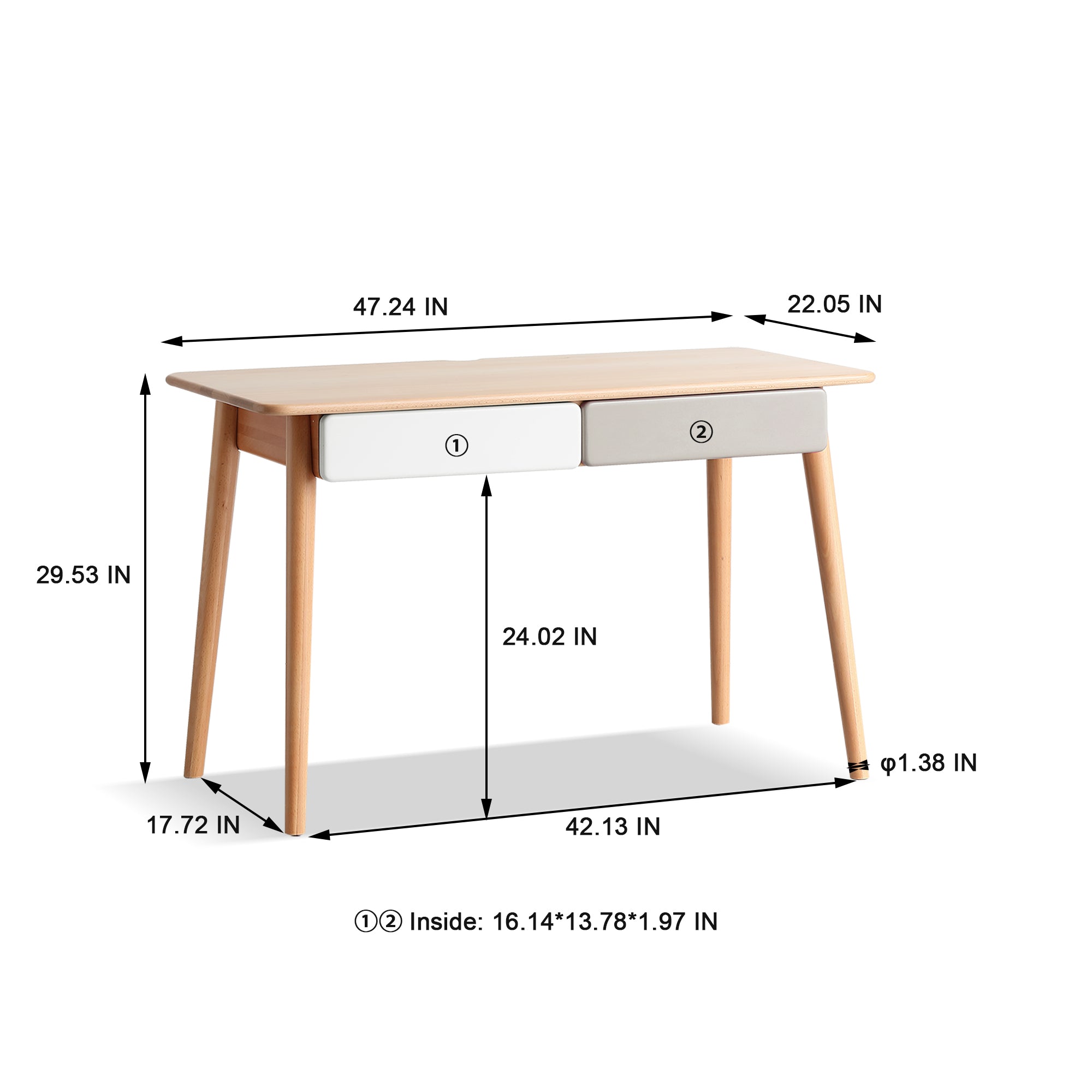 47'' Solid Wood Computer Desk with 2 Drawers for Home Office