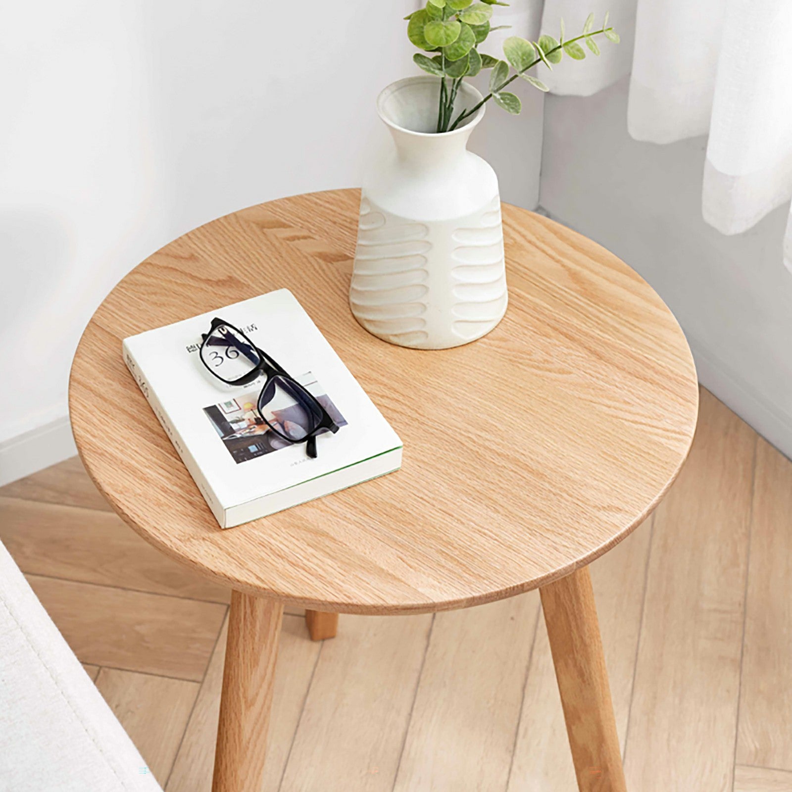 Solid Oak Wood Round End Table for Living Room Bedroom