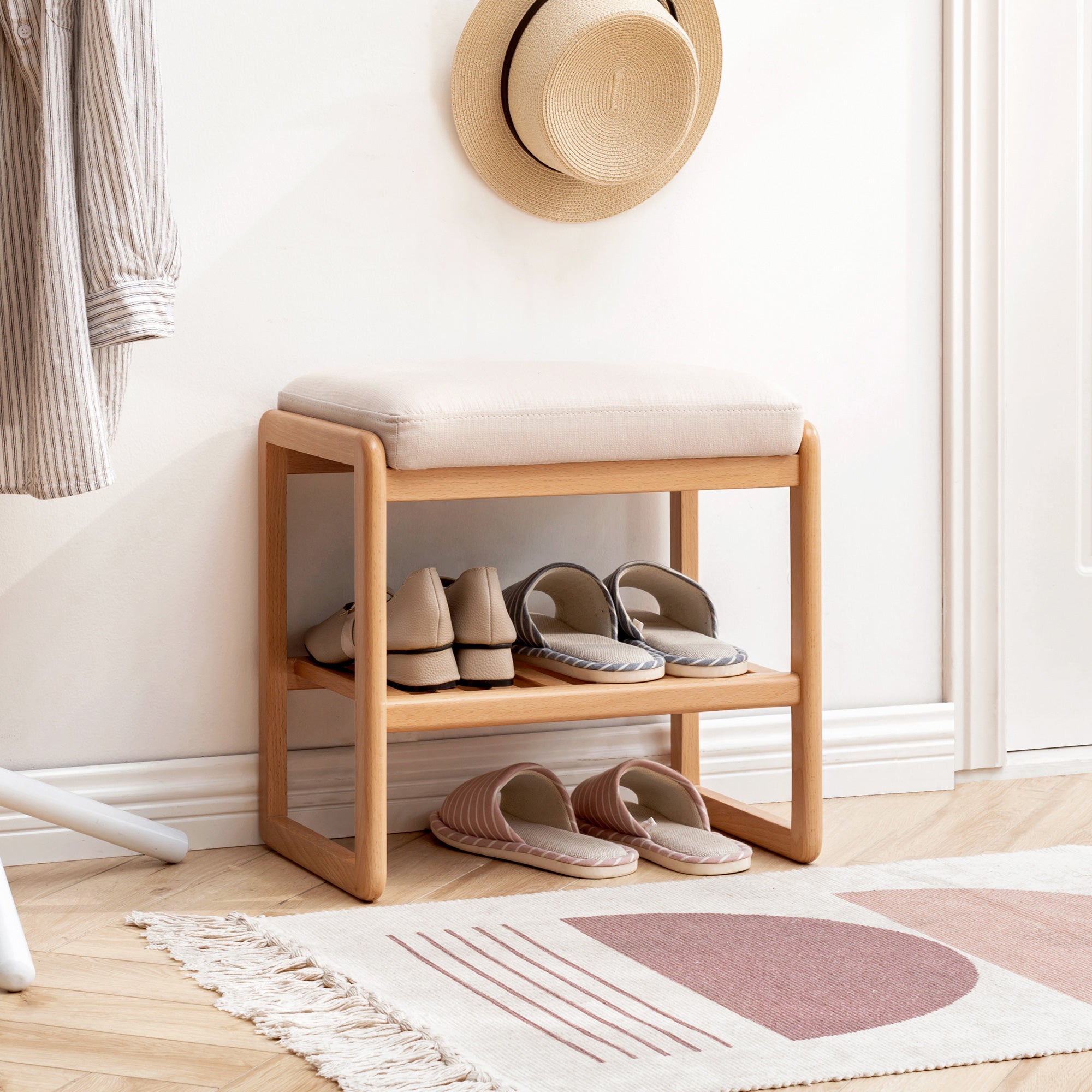Solid Wood Shoe Rack Bench with High Rebound Sponge Cushion