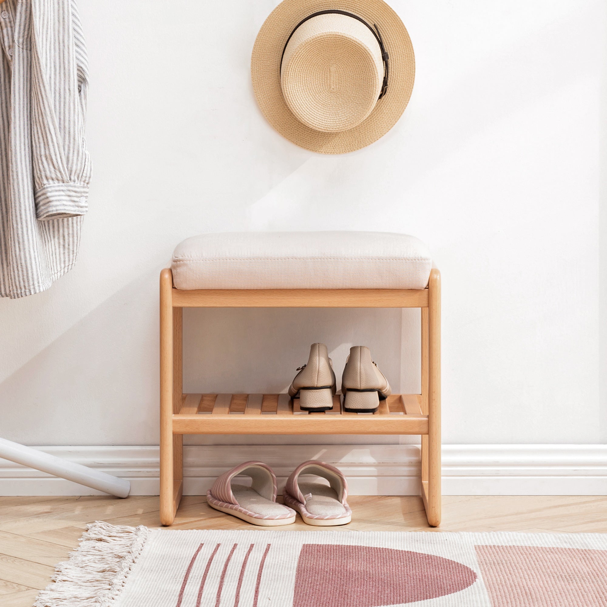 Solid Wood Shoe Rack Bench with High Rebound Sponge Cushion