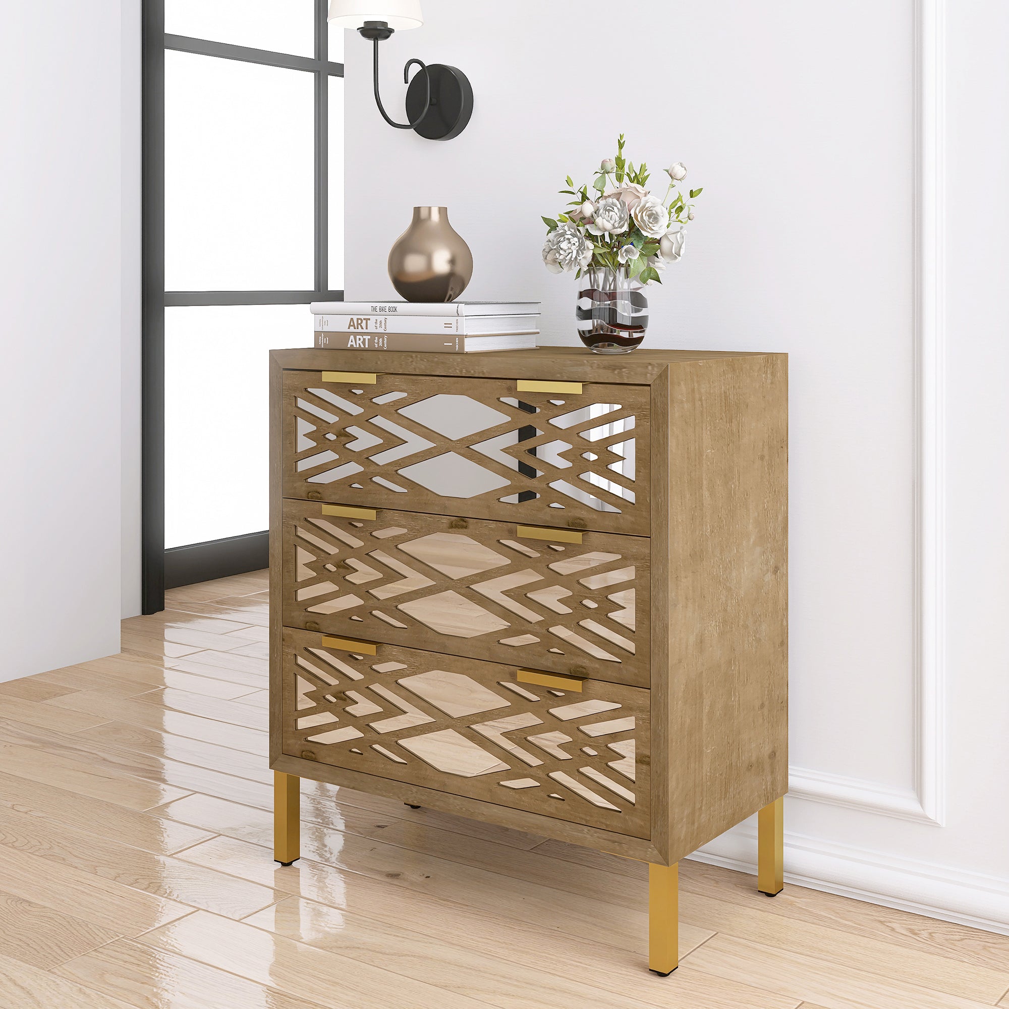 28" Tall Wood 3-drawer Accent Cabinet in Natural