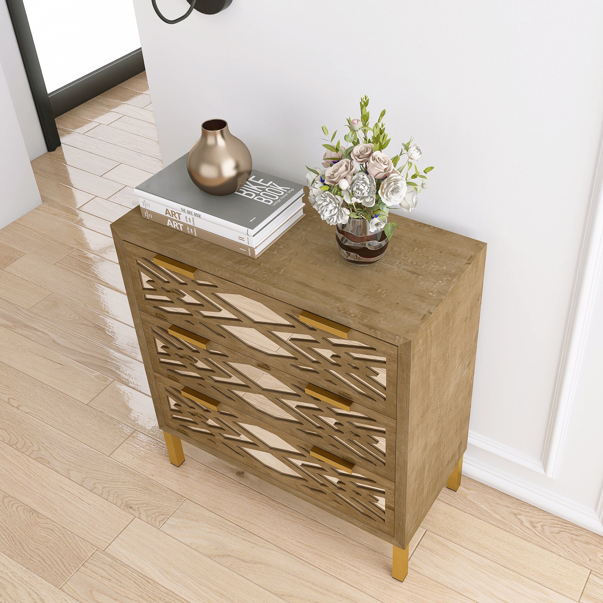 28" Tall Wood 3-drawer Accent Cabinet in Natural