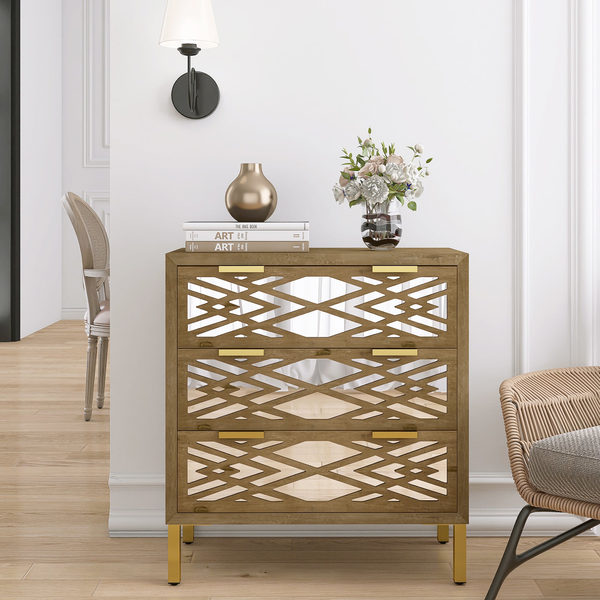 28" Tall Wood 3-drawer Accent Cabinet in Natural
