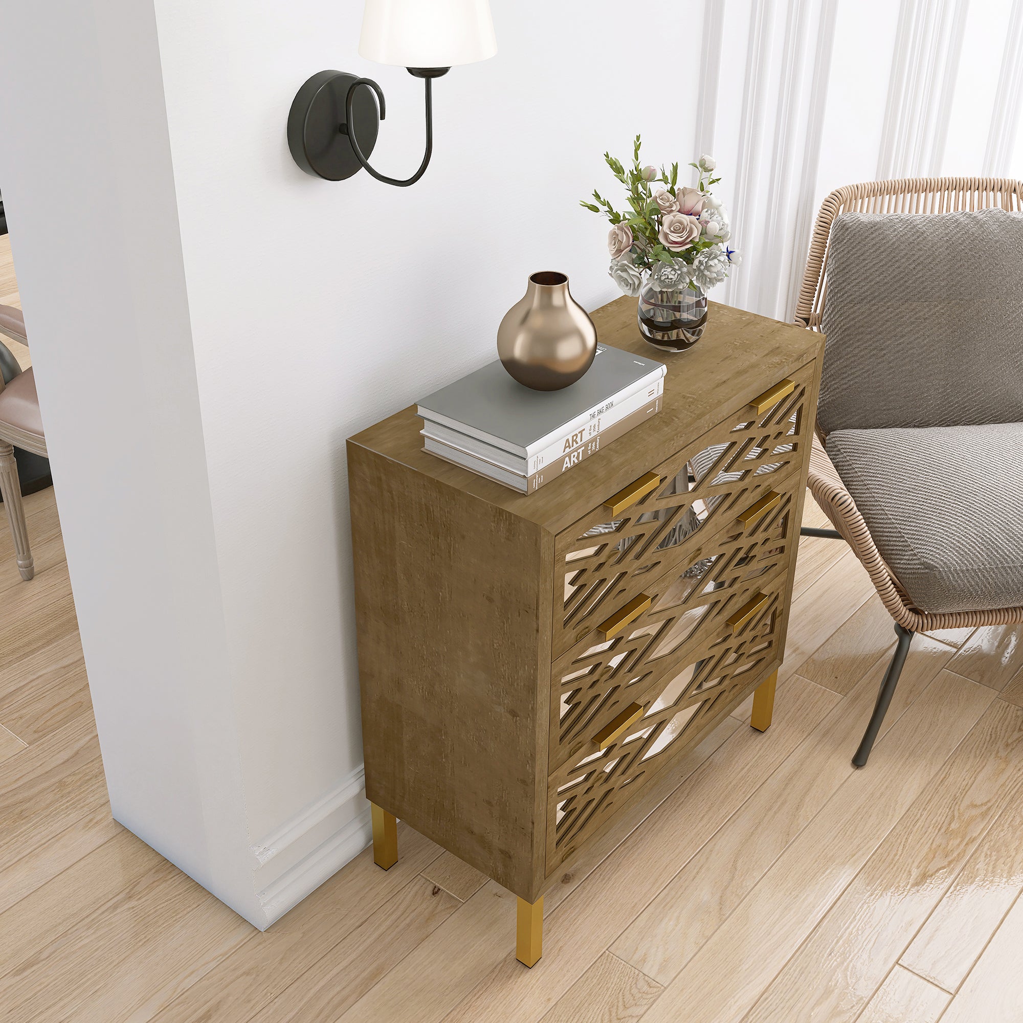 28" Tall Wood 3-drawer Accent Cabinet in Natural