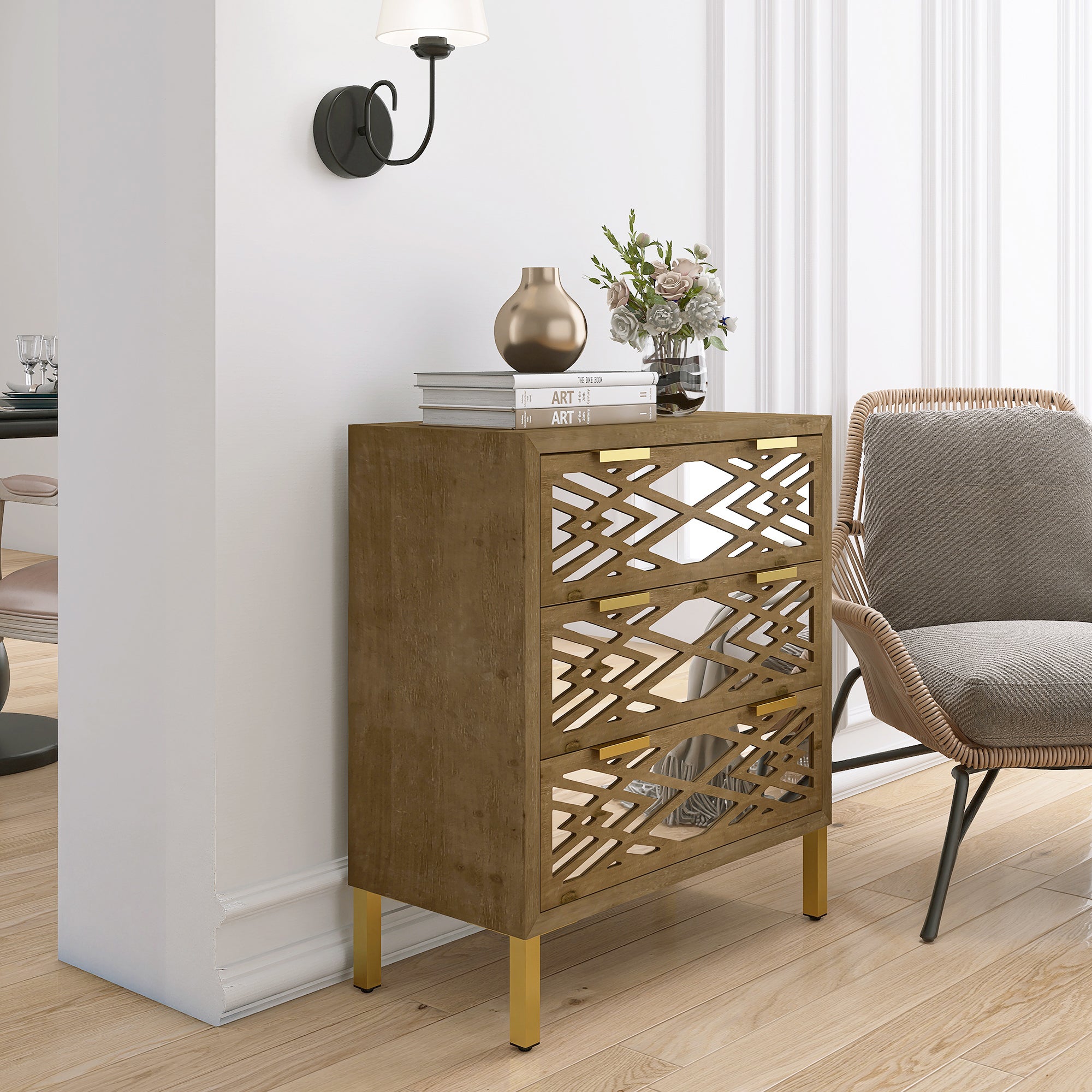 28" Tall Wood 3-drawer Accent Cabinet in Natural