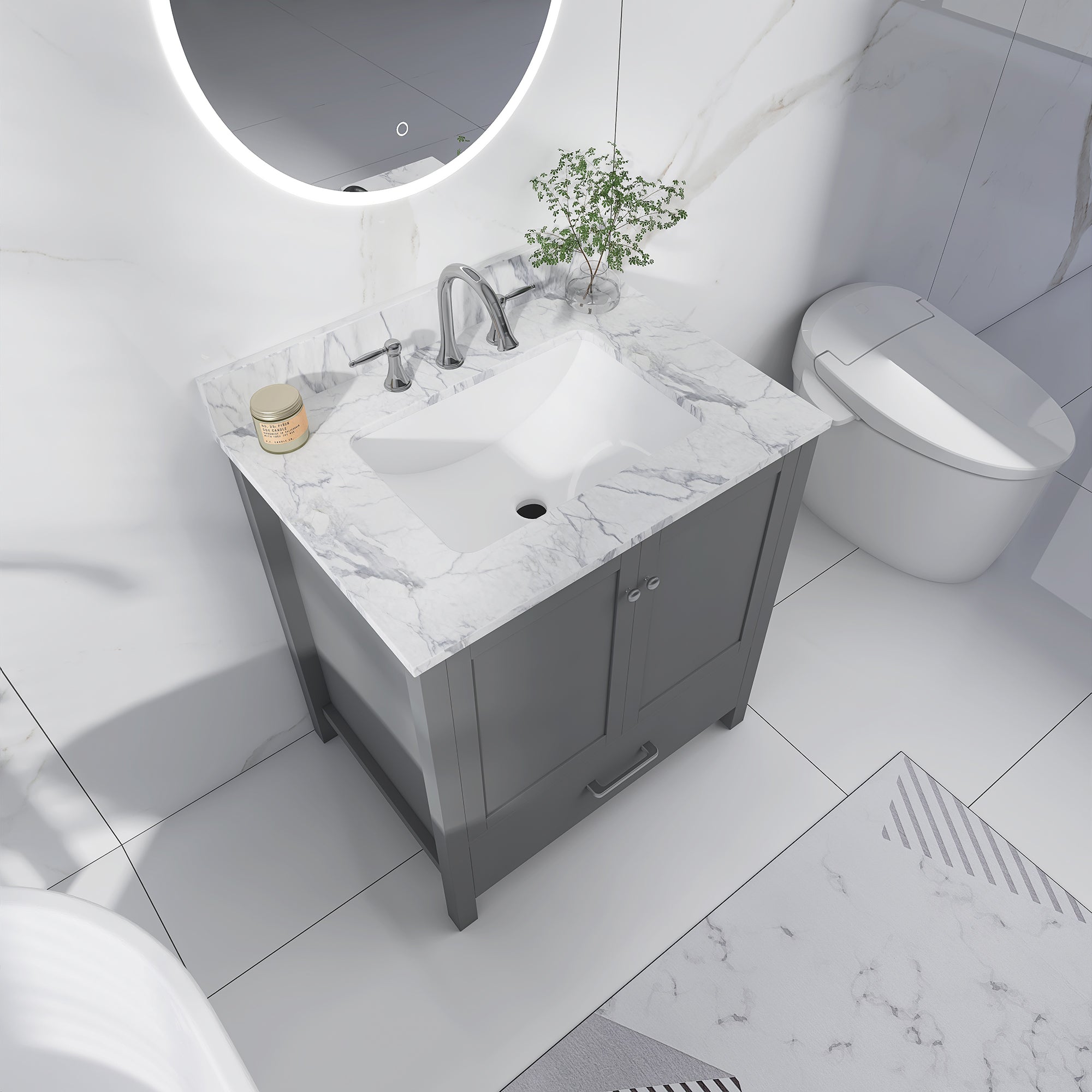 30 in. W x 22 in. D x 33 in. H Bath Vanity in Grey with Carrara White Marble Top