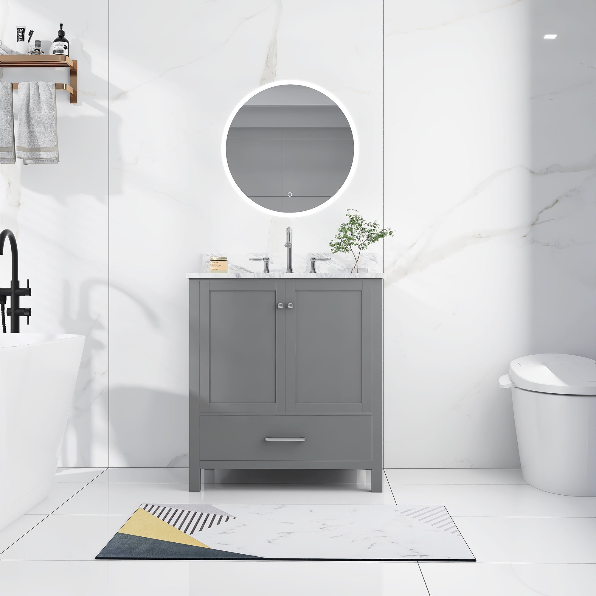 30 in. W x 22 in. D x 33 in. H Bath Vanity in Grey with Carrara White Marble Top