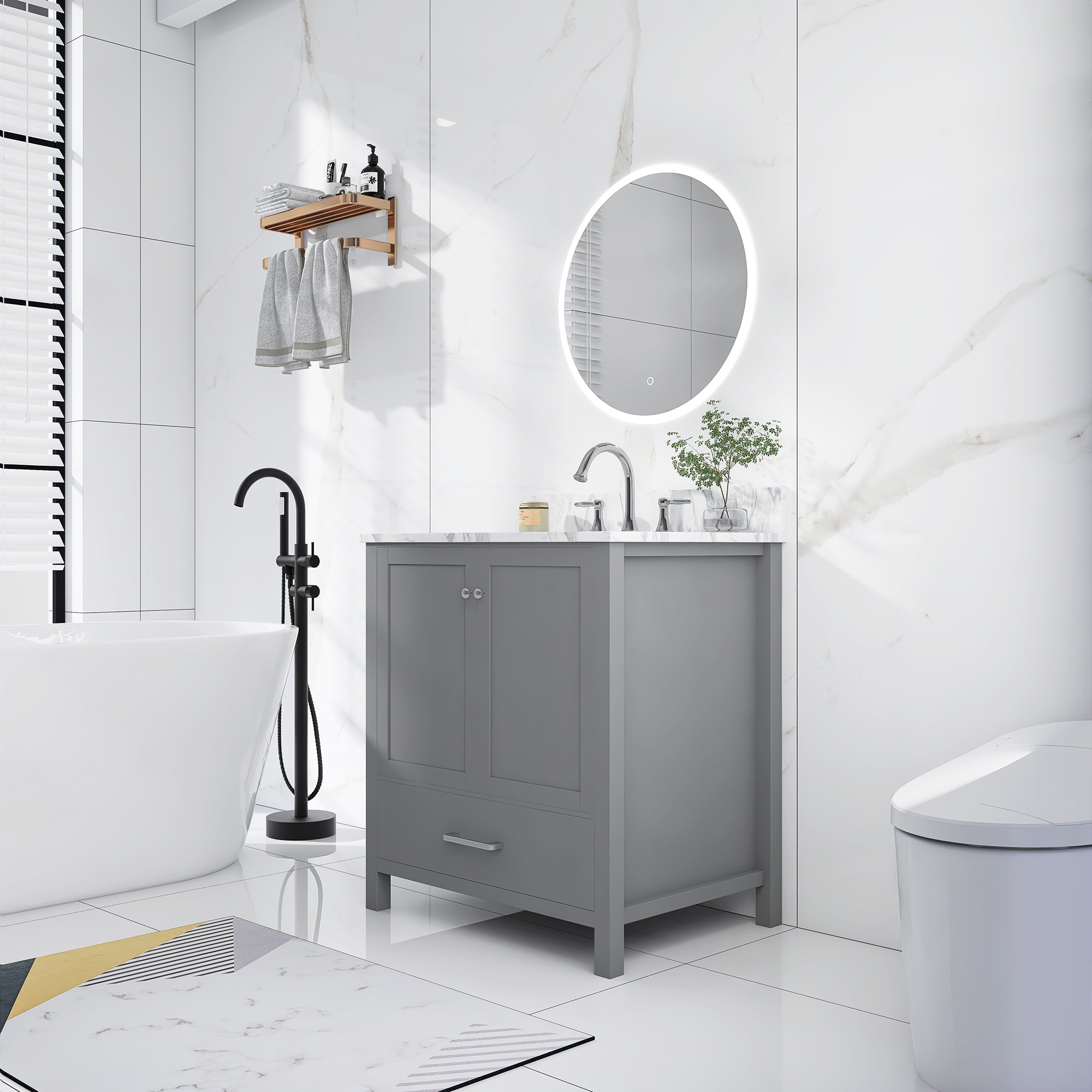 30 in. W x 22 in. D x 33 in. H Bath Vanity in Grey with Carrara White Marble Top