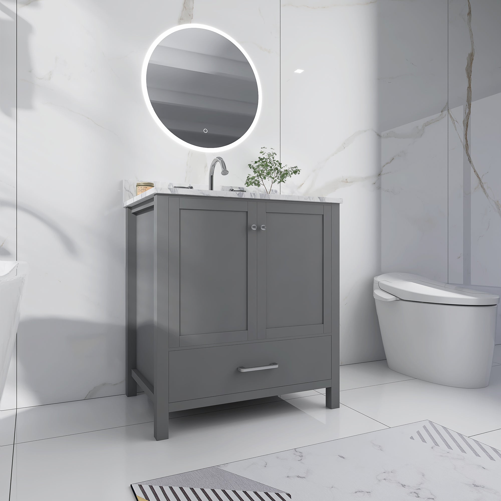 30 in. W x 22 in. D x 33 in. H Bath Vanity in Grey with Carrara White Marble Top