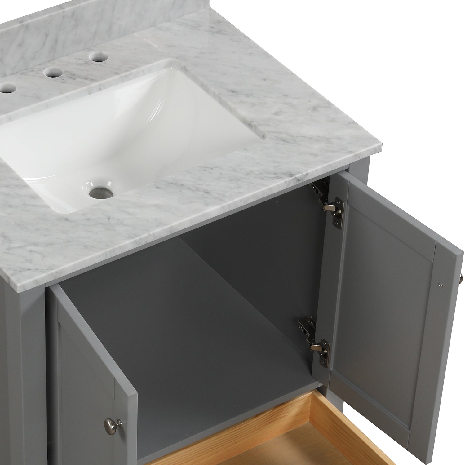30 in. W x 22 in. D x 33 in. H Bath Vanity in Grey with Carrara White Marble Top