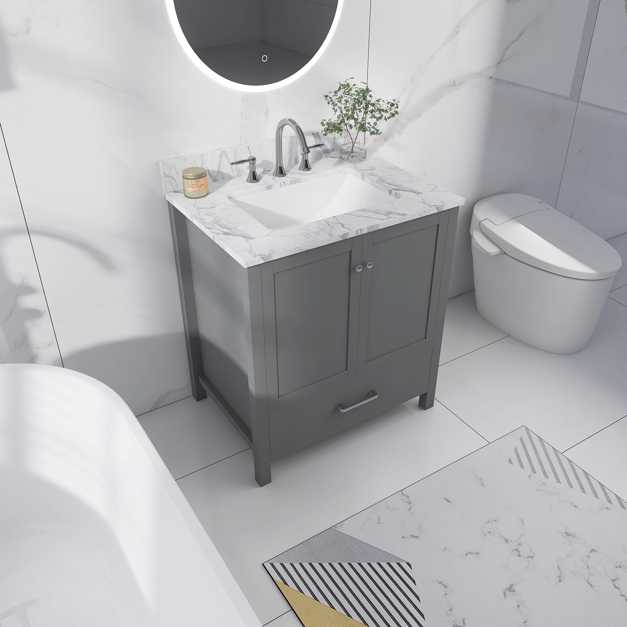 30 in. W x 22 in. D x 33 in. H Bath Vanity in Grey with Carrara White Marble Top