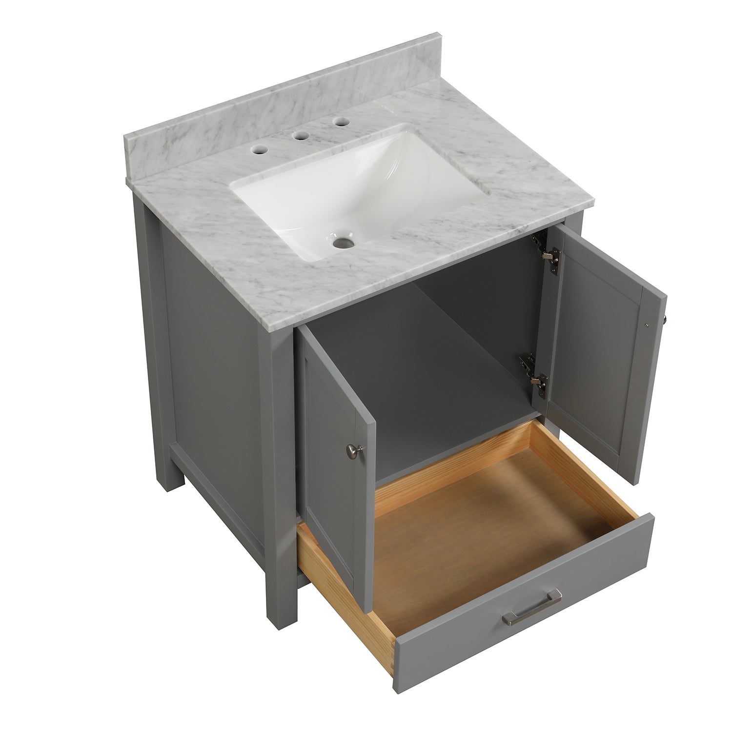 30 in. W x 22 in. D x 33 in. H Bath Vanity in Grey with Carrara White Marble Top