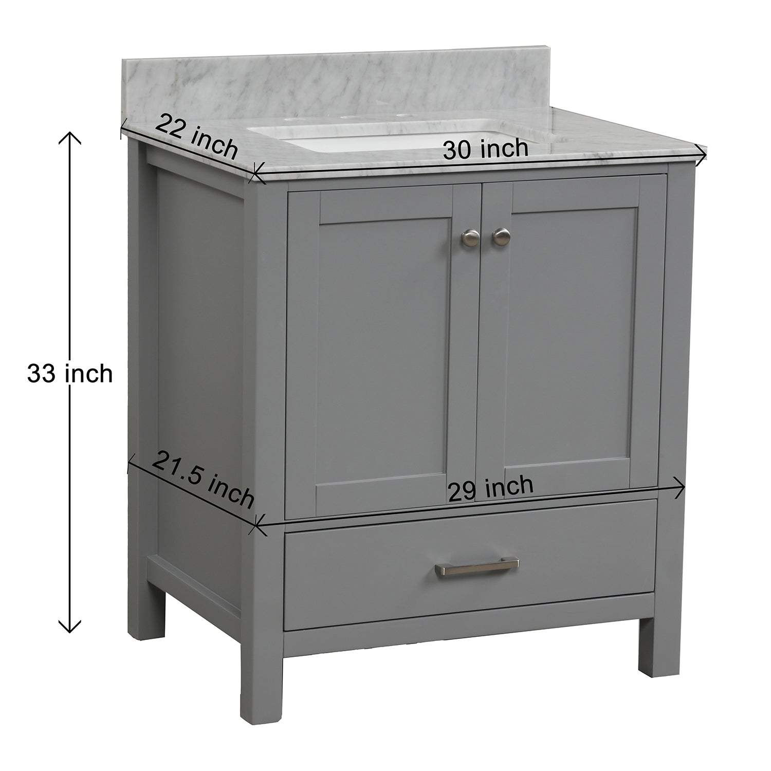 30 in. W x 22 in. D x 33 in. H Bath Vanity in Grey with Carrara White Marble Top