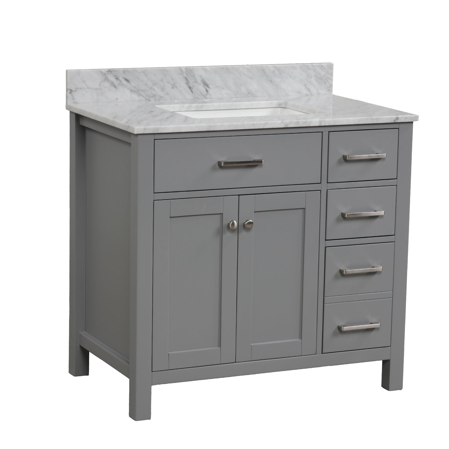 36 in. W x 22 in. D x 33 in. H Bath Vanity in Grey with Carrara White Marble Top