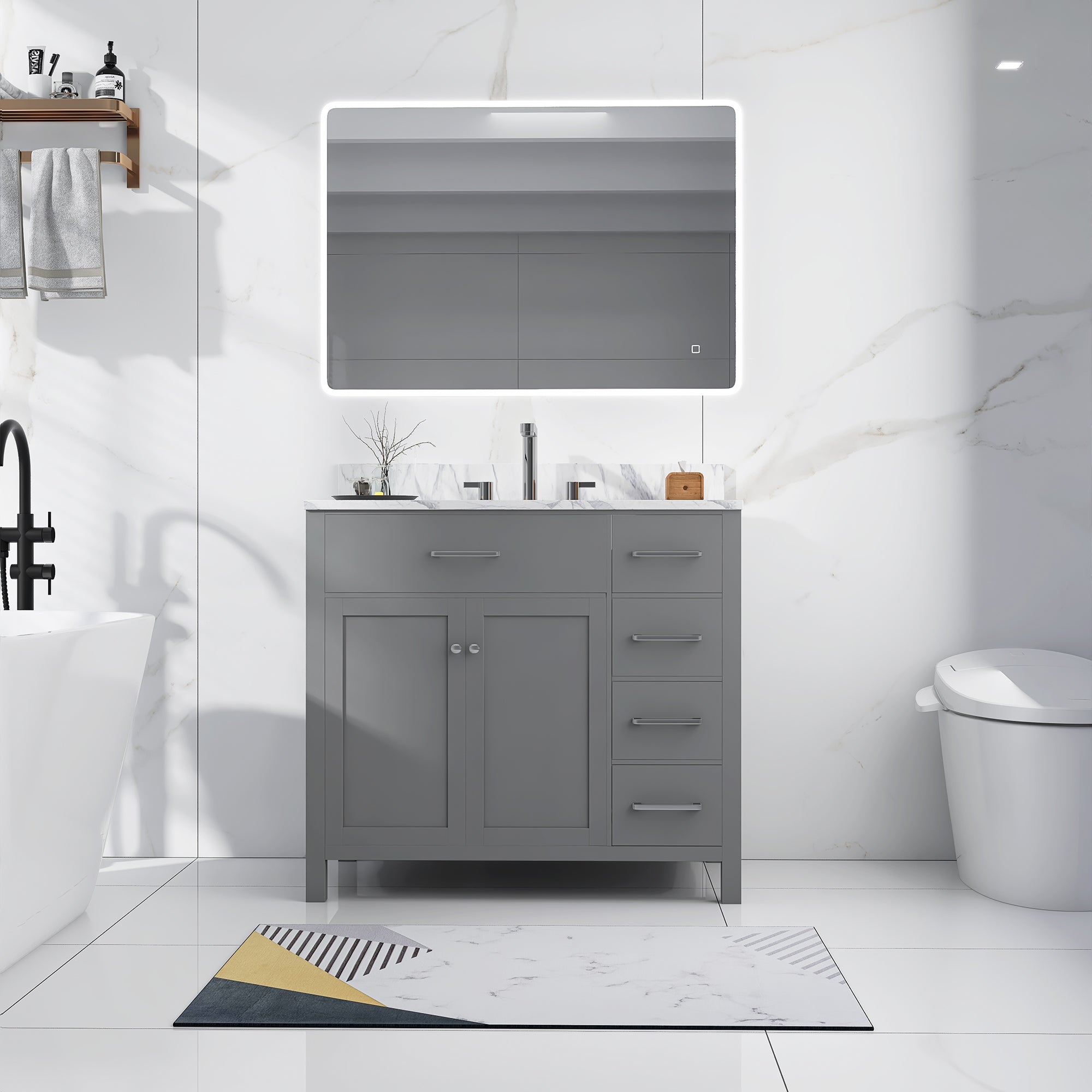 36 in. W x 22 in. D x 33 in. H Bath Vanity in Grey with Carrara White Marble Top
