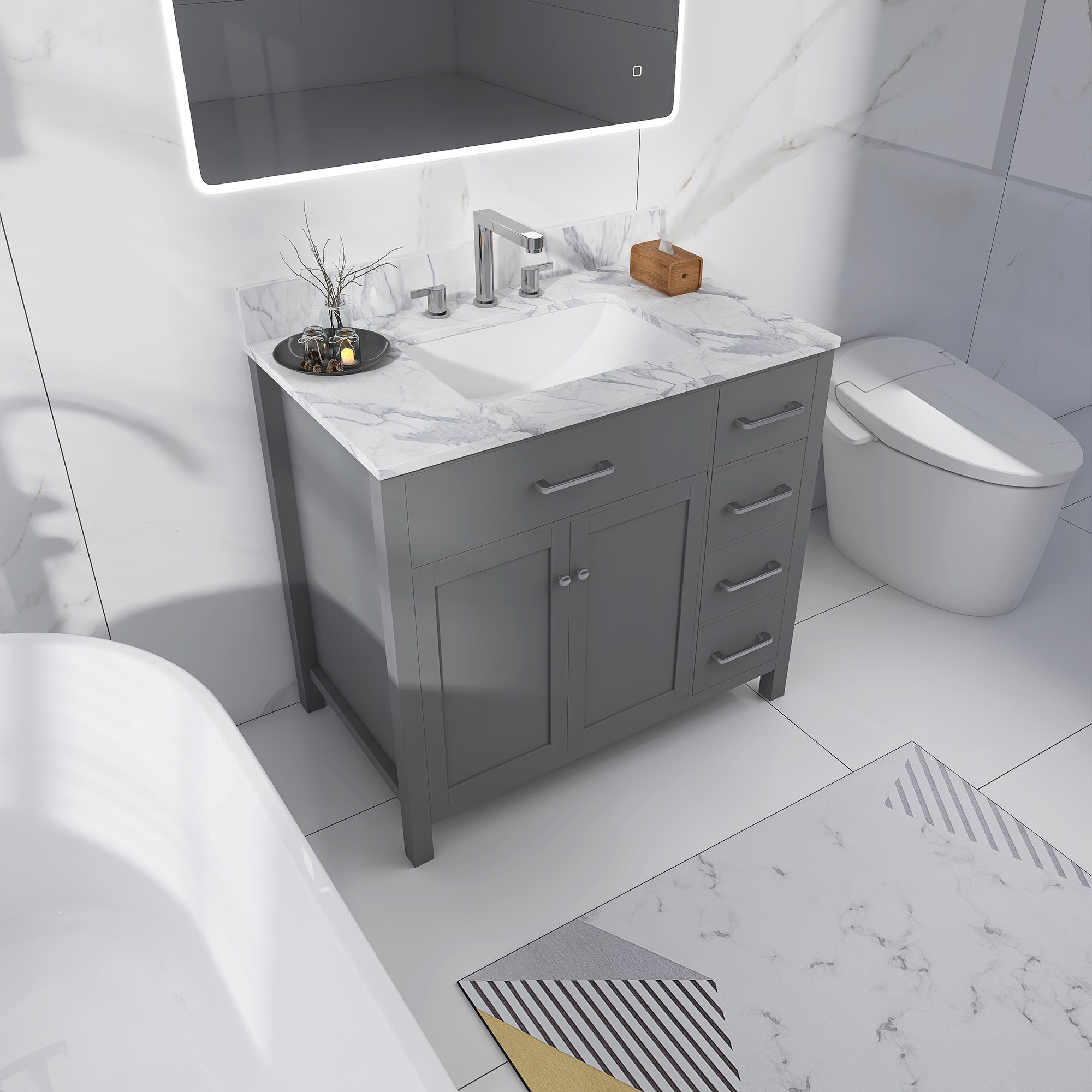 36 in. W x 22 in. D x 33 in. H Bath Vanity in Grey with Carrara White Marble Top