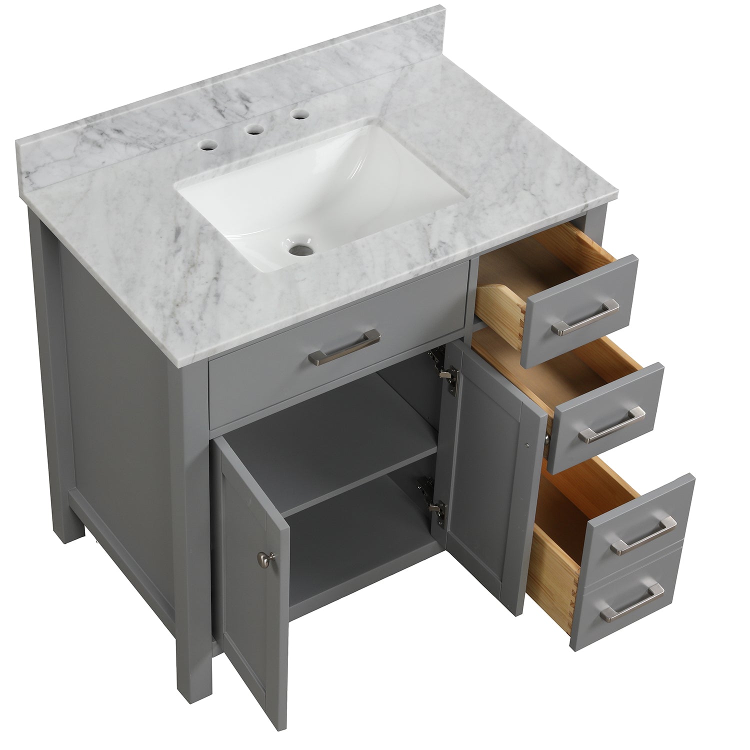 36 in. W x 22 in. D x 33 in. H Bath Vanity in Grey with Carrara White Marble Top