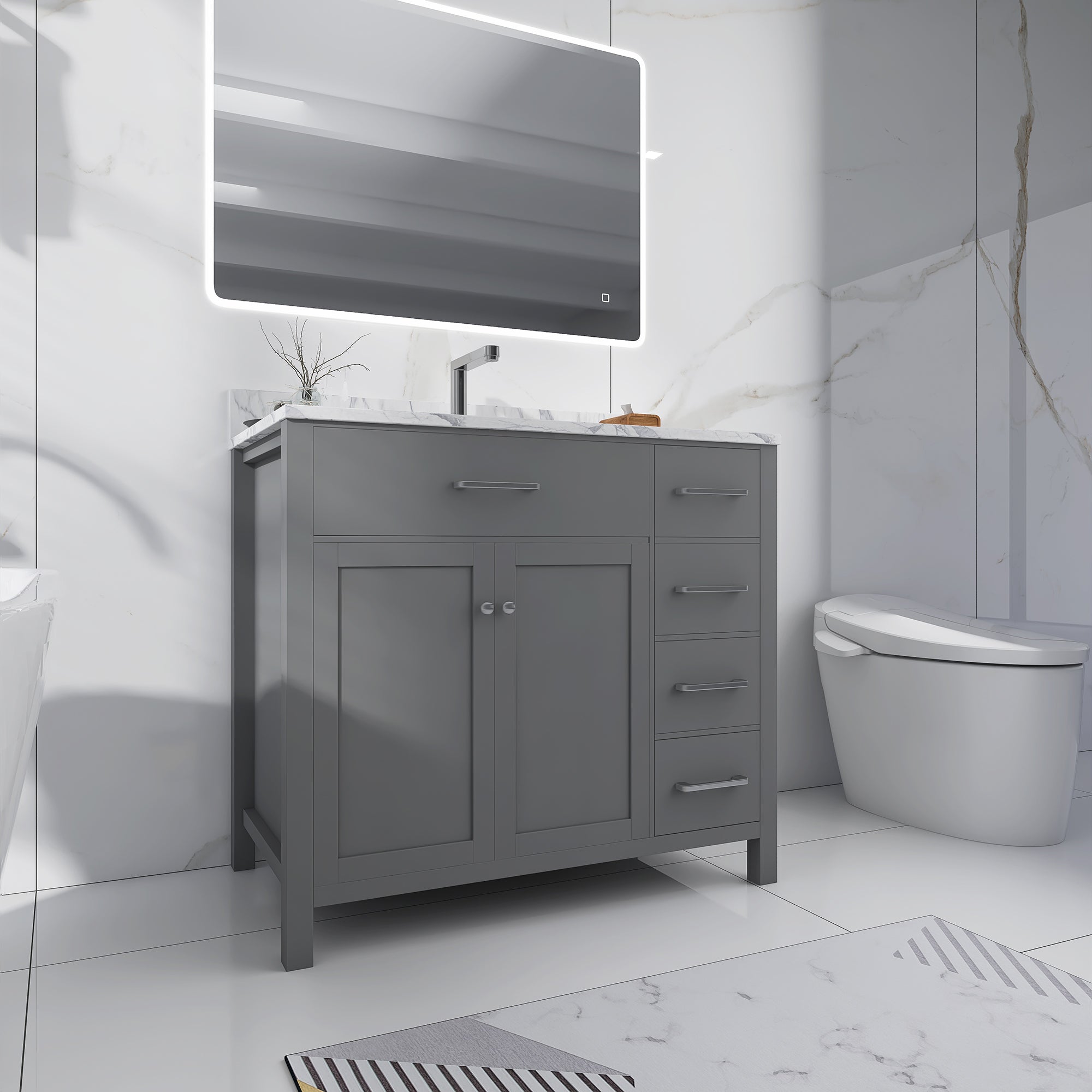 36 in. W x 22 in. D x 33 in. H Bath Vanity in Grey with Carrara White Marble Top