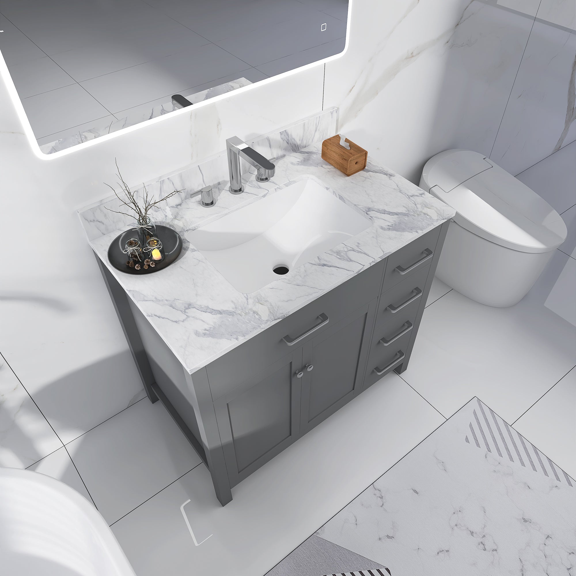 36 in. W x 22 in. D x 33 in. H Bath Vanity in Grey with Carrara White Marble Top