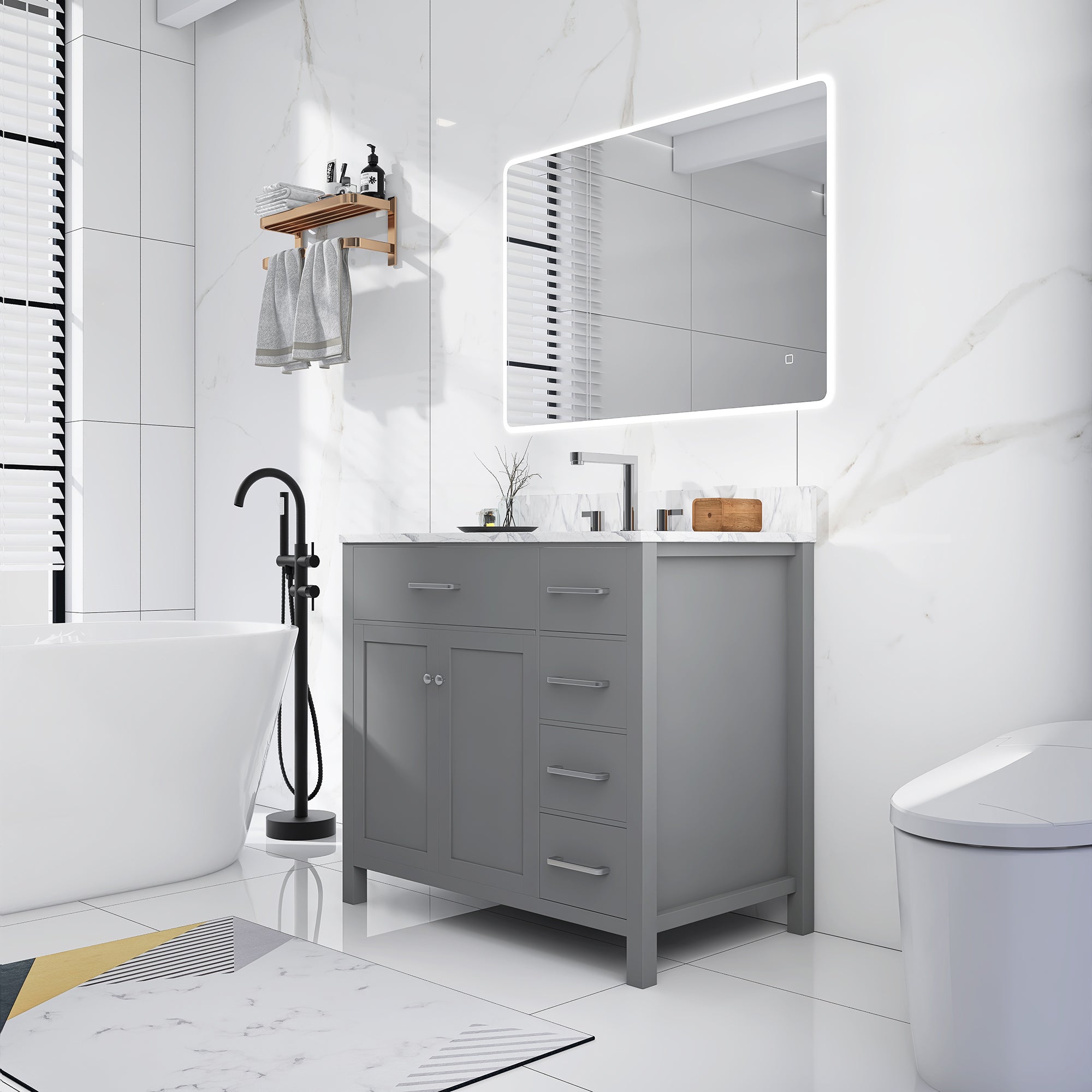 36 in. W x 22 in. D x 33 in. H Bath Vanity in Grey with Carrara White Marble Top