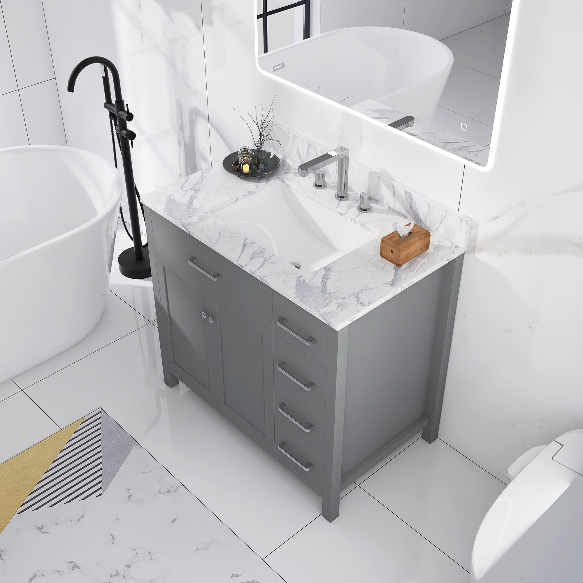 36 in. W x 22 in. D x 33 in. H Bath Vanity in Grey with Carrara White Marble Top